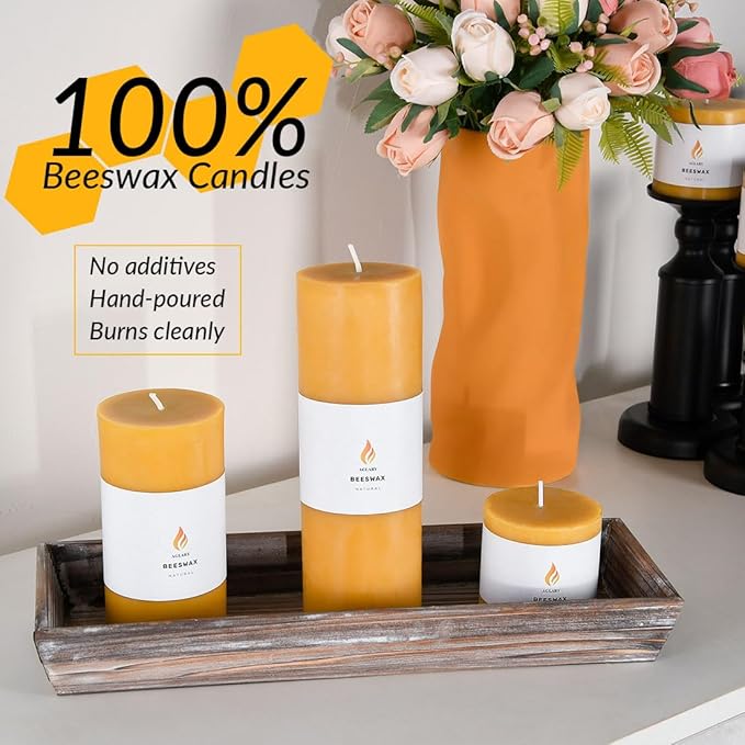 3PCS 3"x 6" Large Beeswax Pillar Candles, Made of Pure Natural Beeswax, with Ultra Long Burning Time and Low Allergenicity-Rawï¼?2H