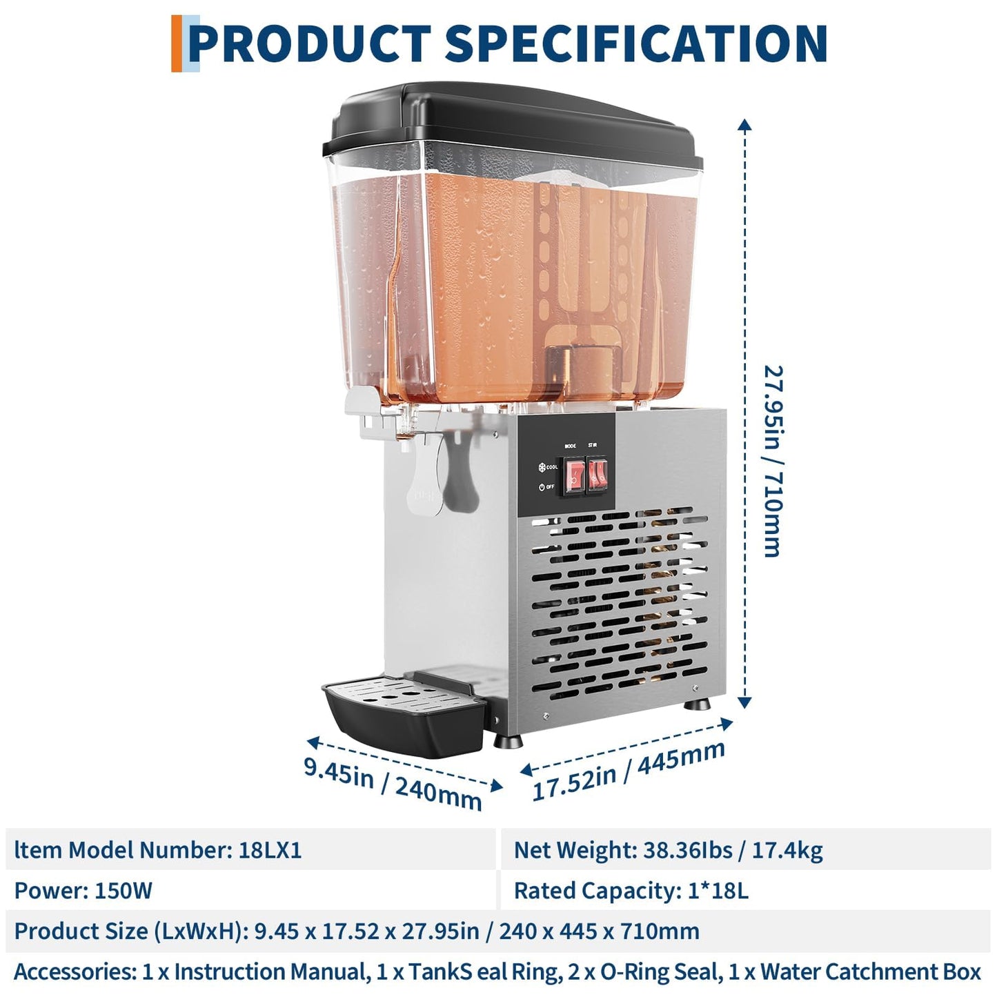 Commercial Beverage Dispenser 18L/4.75 Gallon, Single Tank Stainless Steel Refrigerated Juice Dispenser with Compressor Cooling and 360° Stirring, Cold Drink Machine for Restaurant Bar Party