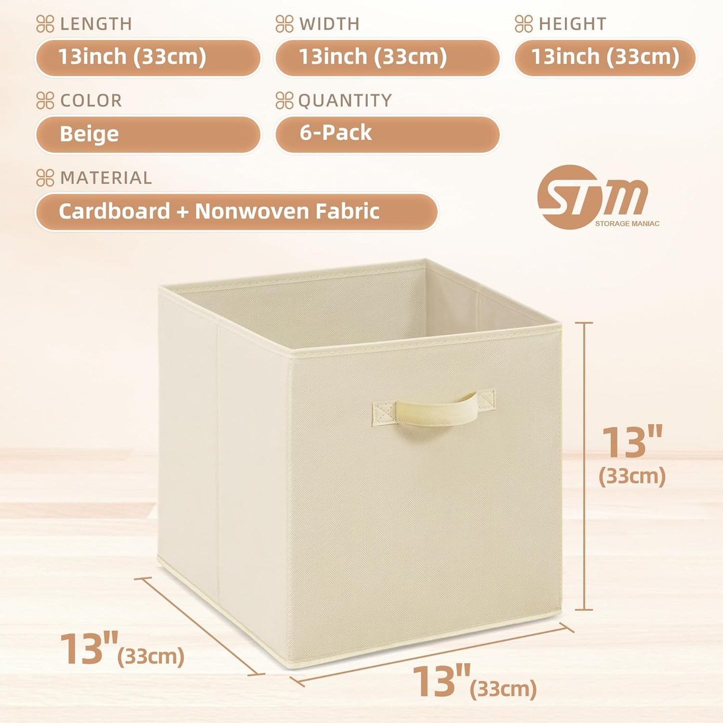 Storage Maniac Collapsible Storage Cubes - 13 Inch Fabric Bins with Handles | 6-Pack Beige for Organized Spaces