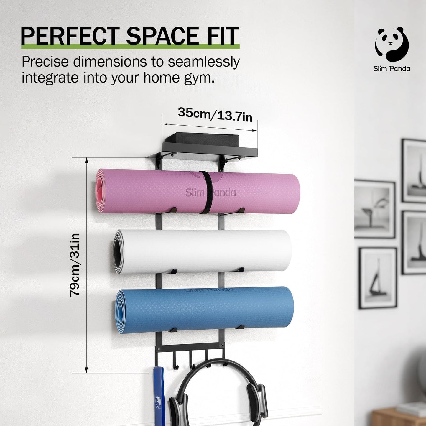 Slim Panda Yoga Mat Holder Wall Mount with Mesh Bag, 4-Tier Metal Storage Rack with Floating Shelf & 5 Hooks, Large Home Gym Organizer for Foam Rollers, Resistance Bands & Yoga Accessories
