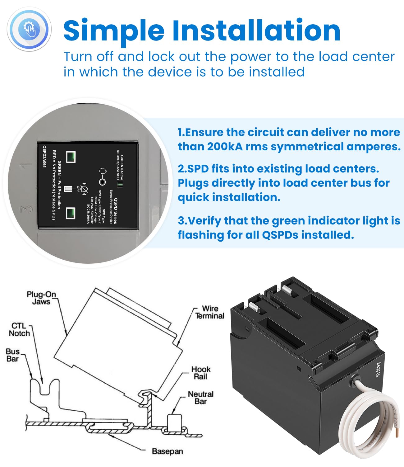 Replacement for Siemens QSPD2A065P Plug-in Surge Protection Device, 2-Pole 65kA 120/240V, 1Ø, 3W, Fits Siemens Type QP Load Centers, Whole House Power Spike Protection, LED Indicator & Audible Alarm