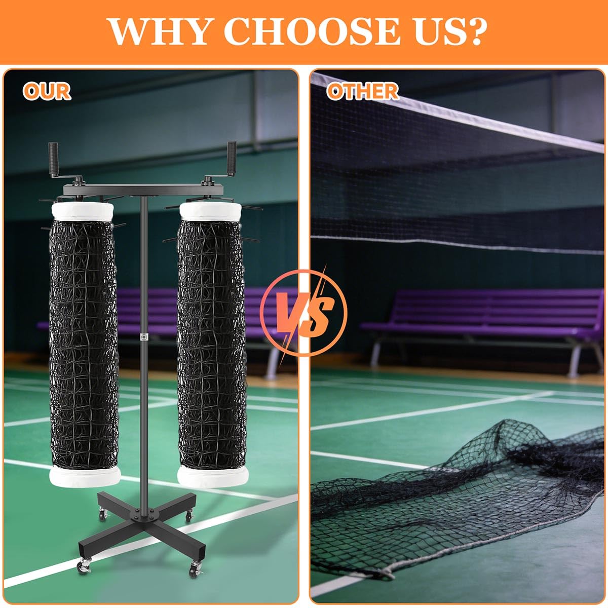 Ecliptica Heavy Duty Movable Volleyball Net Storage Rack with Lockable Wheels - Holds 2 Standard Nets, Durable Volleyball Equipment Storage Net Rack for Gym, School, or Training Minimal Floor Space