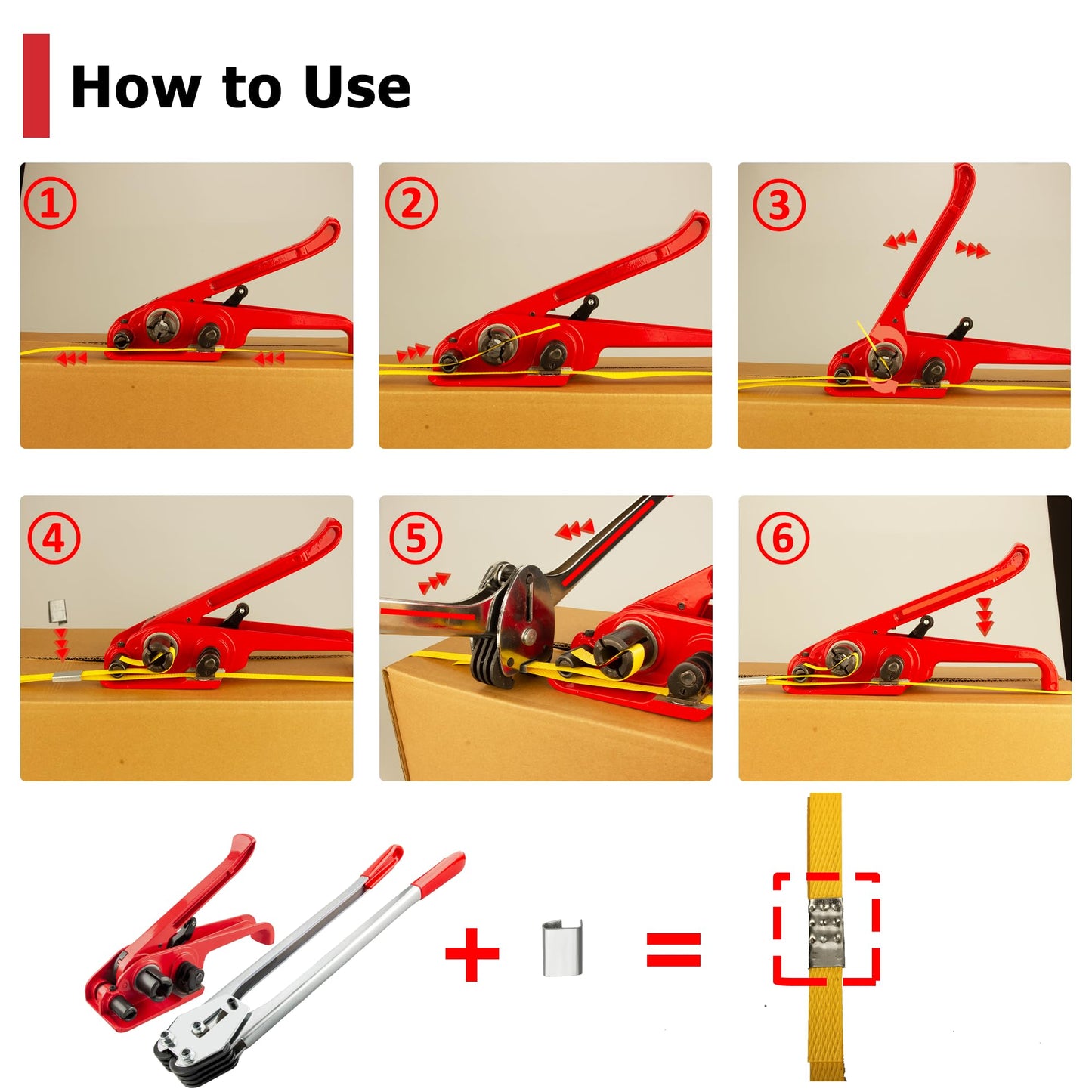 Heavy Duty Poly Strapping Tensioner with Cutter - Manual Strap Tool for 1/2"-3/4" PET & PP Strap, Durable Tensioner Tool for Home Moving & Commercial Shipping (Red, 8 Packs)