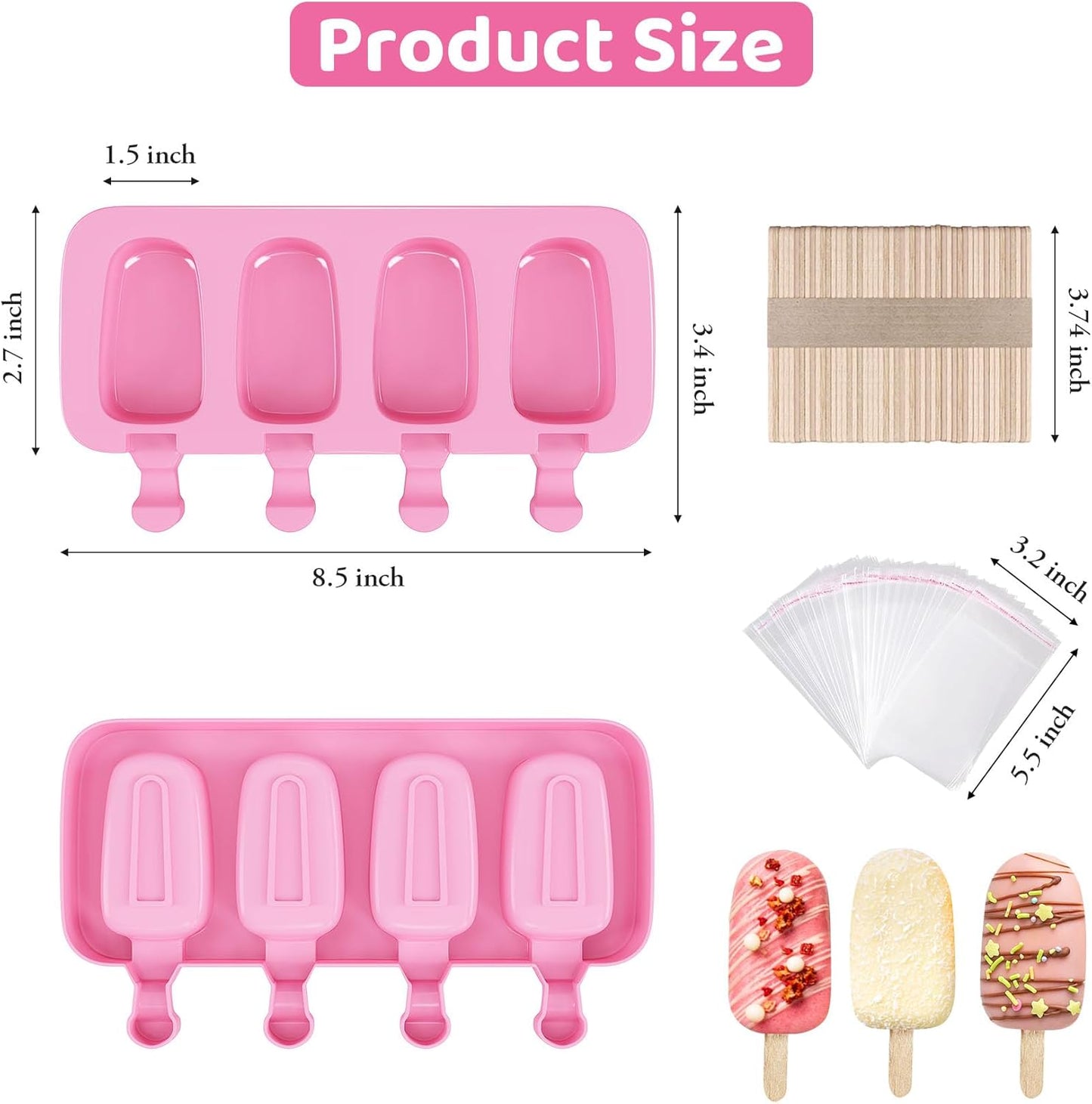 Ouddy Life Popsicle Molds - Set of 2 Silicone Ice Cream Molds with 50 Wooden Sticks | Pink