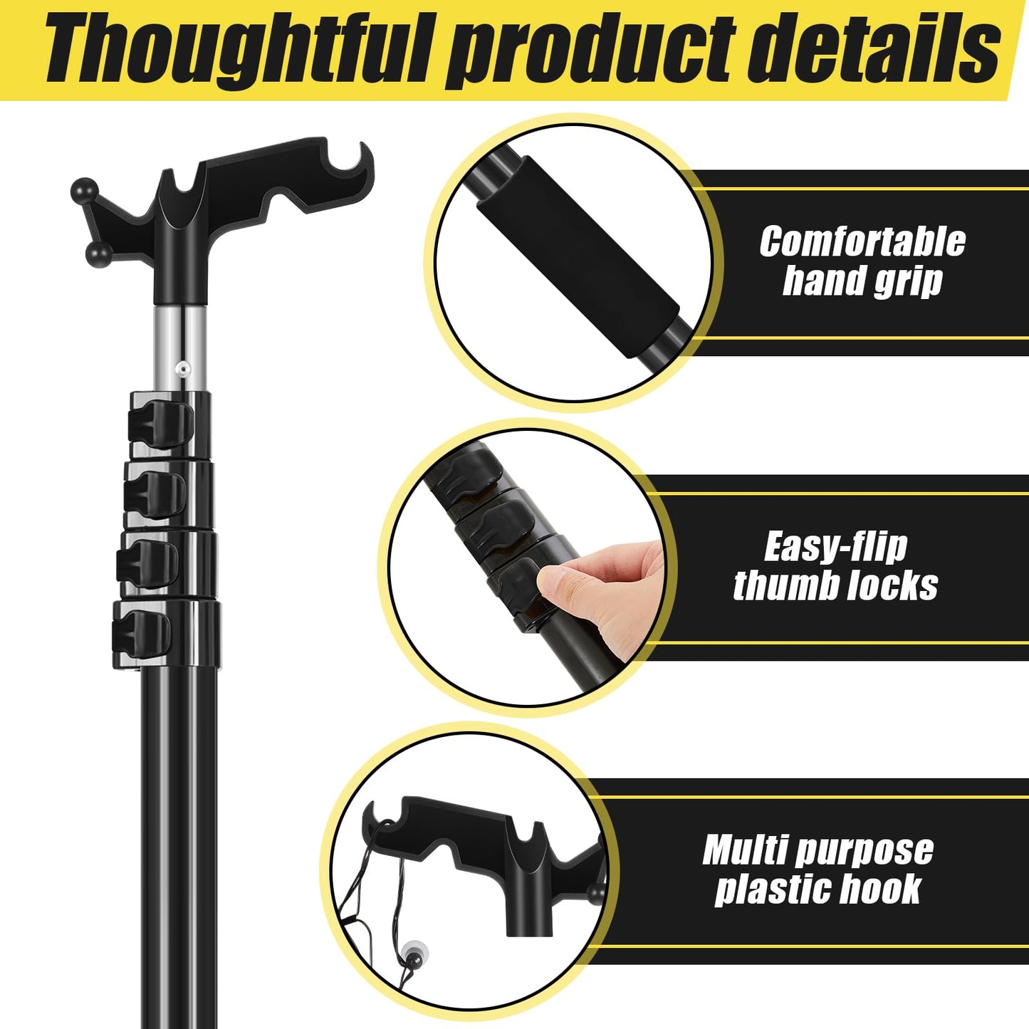 Leriton 7-30 ft Telescopic Extension Pole with Utility Hook, Multi-Purpose Aluminum Pole for Painting, Dusting and New Year Window Cleaning Christmas Lights Installation Without a Ladder (Black)