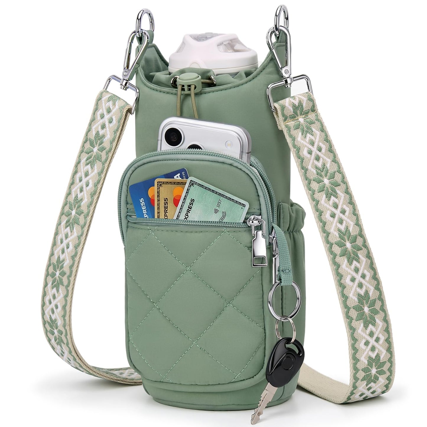 Fiiuos Crossbody Water Bottle Bag for Women, Lightweight Insulated Water Bottle Carrier with Phone Pocket, Secure &Hands-Free for Walking, Travel, Outdoor (Up to 40oz) Antique Green