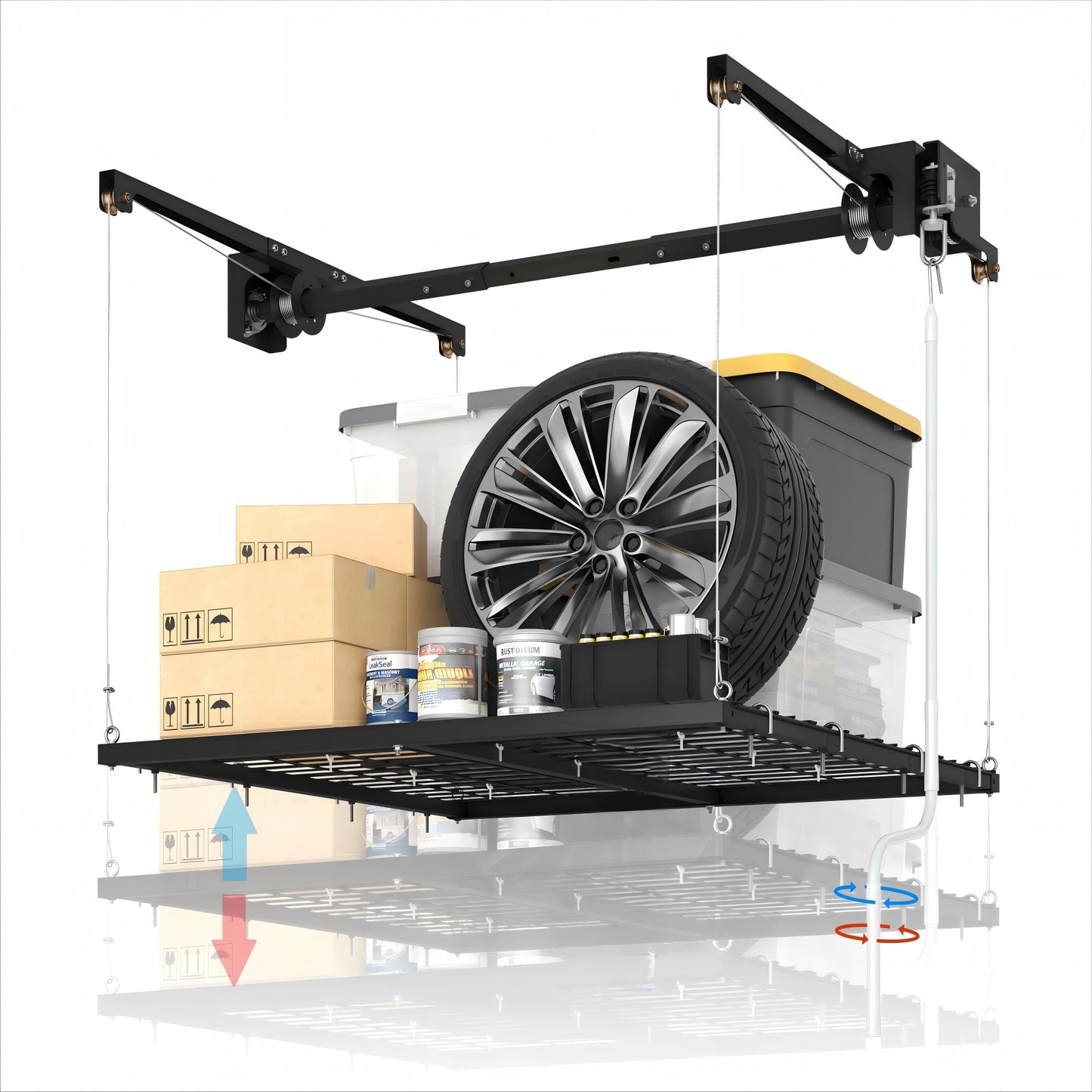 Garvee Overhead Garage Storage Rack Lift, 4x4 ft Ceiling Mounted Storage Racks, 79" Max Adjustable Height, 350lbs Weight Capacity, Heavy-Duty Metal Ceiling Rack for Organization