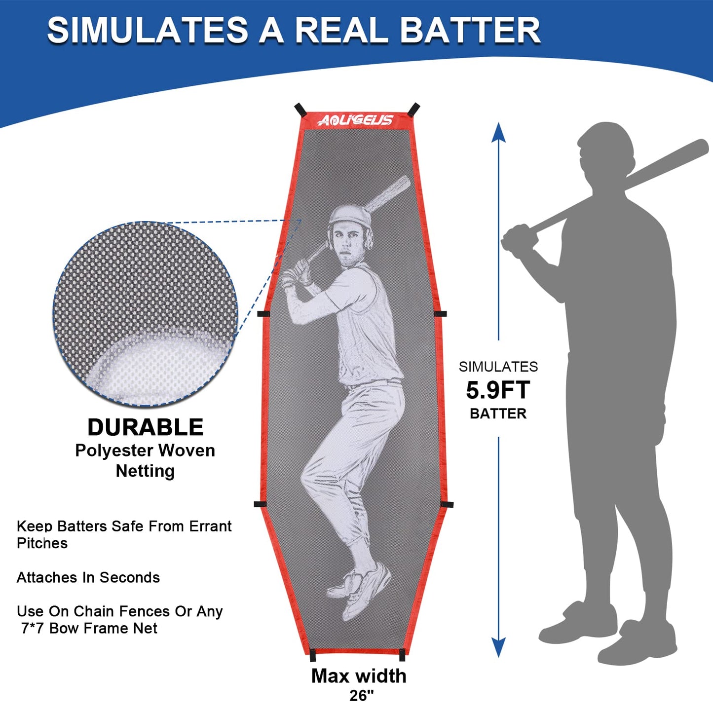 AOLIGEIJS 7'X7' Baseball Softball Practice Net,Pitching Net, Batting Net,with Tee,Bonus Strike Zone and Bow Frame,for Hitting,Pitching, Catching,with Carry Bag (Basebll Net+Batter Dummy) Red