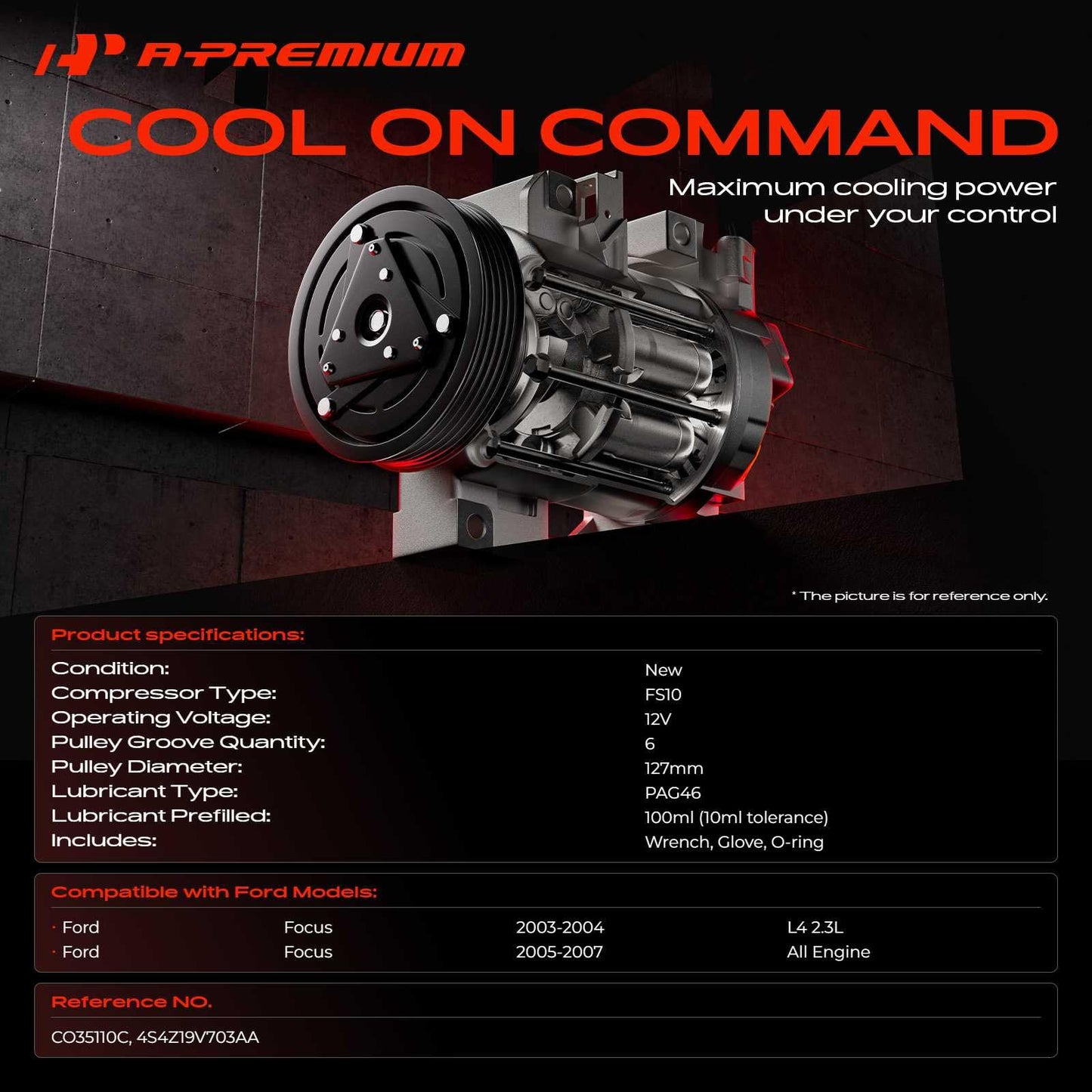 A-Premium Air Conditioner AC Compressor with Clutch Compatible with Ford Focus 2003 2004 2005 2006 2007, FS10 Compressor Style
