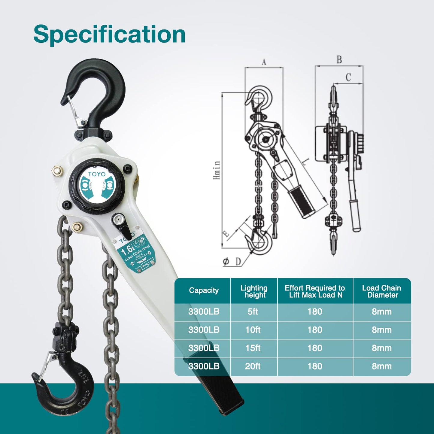 TOYO Lever Chain Hoist 3500Lbs 10ft,Chain Come Along 1.6T 10Ft Ratchet Chain Puller Hoist Alloy Steel G80 Chain 2 Heavy Duty Hooks for Building Warehouse Automotive Garages Machinery (3500LB 10FT)