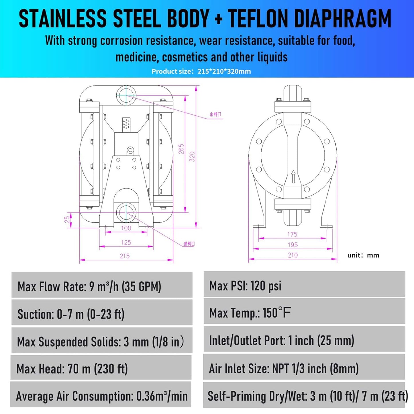 Air Operated Double Diaphragm Pump 1 inch Inlet/Outlet Pneumatic Waste Oil Transfer Pump for Chemical DN25 35GPM Dual Diaphram Teflon by Aluminum alloy 115 PSI (QBY4-25 SS+PTFE 35GPM)