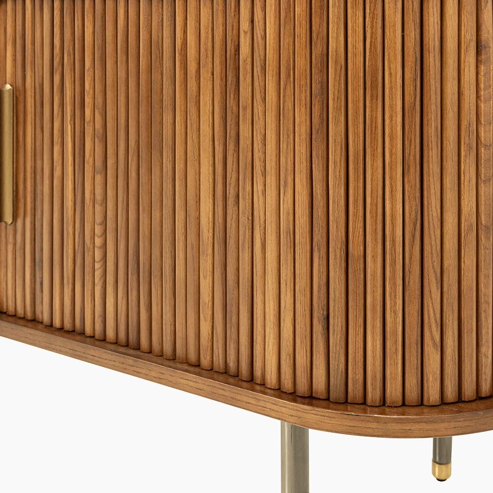 POVISON 78.74" Sliding Tambour Door TV Stand, Fully Assembled Mid Century Modern TV Console, Wood Media Console with Tall-Cast Metal Legs, Entertainment Center with Storage Cabinet for Living Room