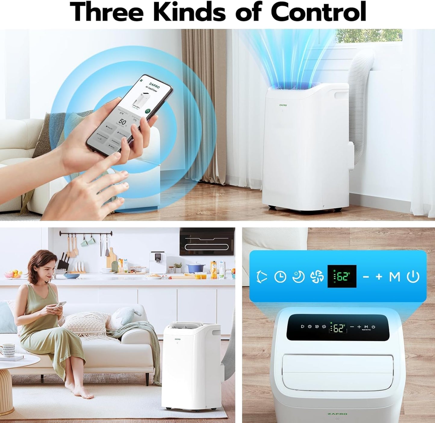 ZAFRO Portable Air Conditioner, 12050 BTU (8050 BTU SACC), Cools Rooms up to 500 Sq.Ft, Smart Portable AC Unit with Ultra-Quiet (44dB), Drainage-Free Cooling, Energy-Efficient, Easy Installation