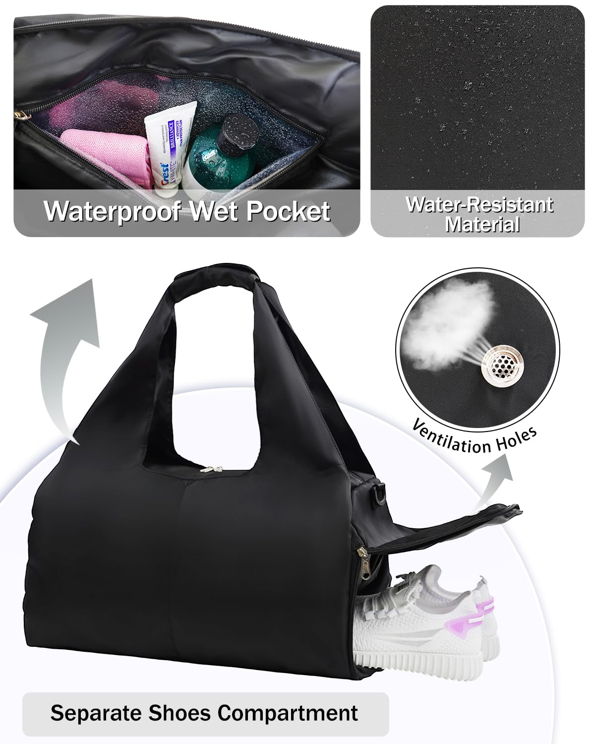 RHDZO Gym Bag for Women with Shoe Compartment Yoga Mat Bag with Wet Pocket and Water Bottle Holder Weekender Bag with Shoulder Strap, Black (Standard Bottle Fit)