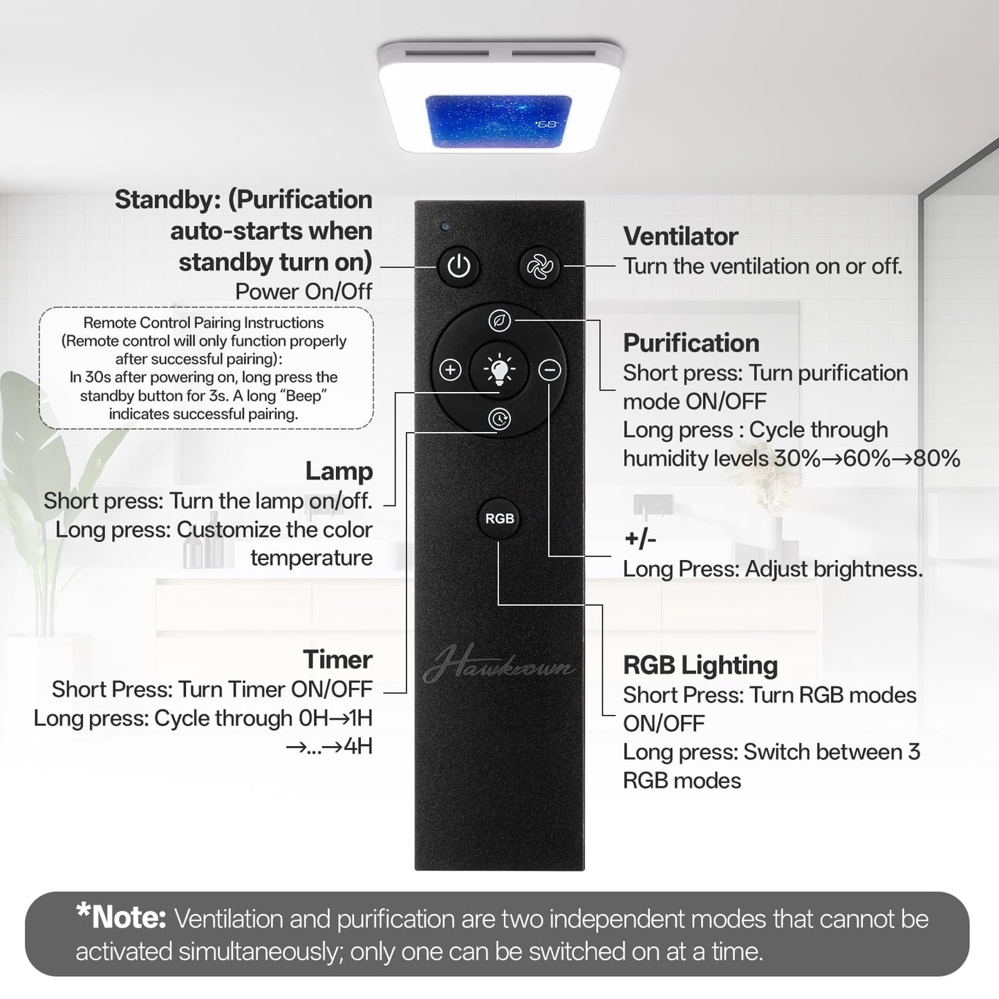 ROJOSAN Bathroom Exhaust Fan with Humidity Sensor, 230 CFM 1.0 Sone Ventilation Fan, 3 Dynamic Light and 3CCT Light (2700-4500-6500K), 11.22” x 11.22” Mount, Remote Control (Stellar Night)