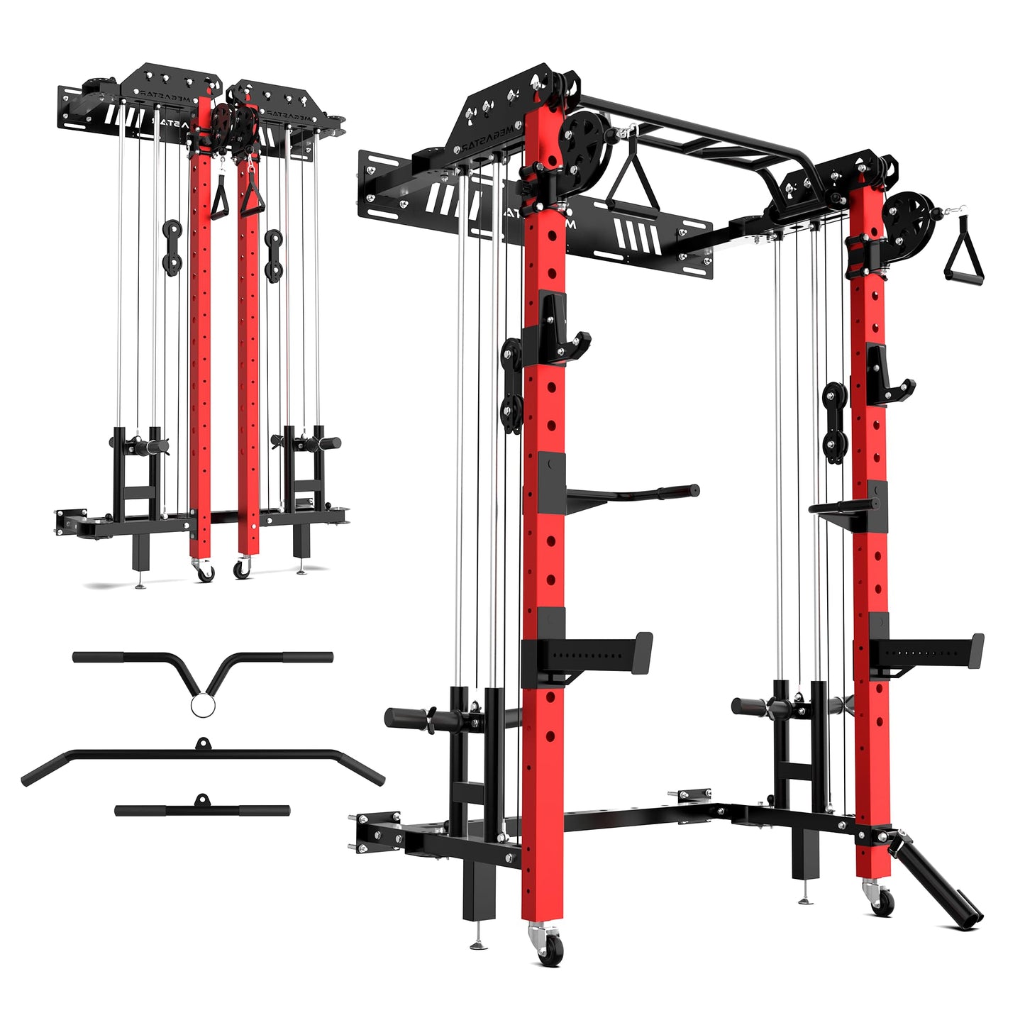 Power Cage, Folding Power Rack, 2000LBS Wall Mounted Squat Rack with Cable Pulley System, Landmine Attachment and Multi-Grip for Home Gym Small Space