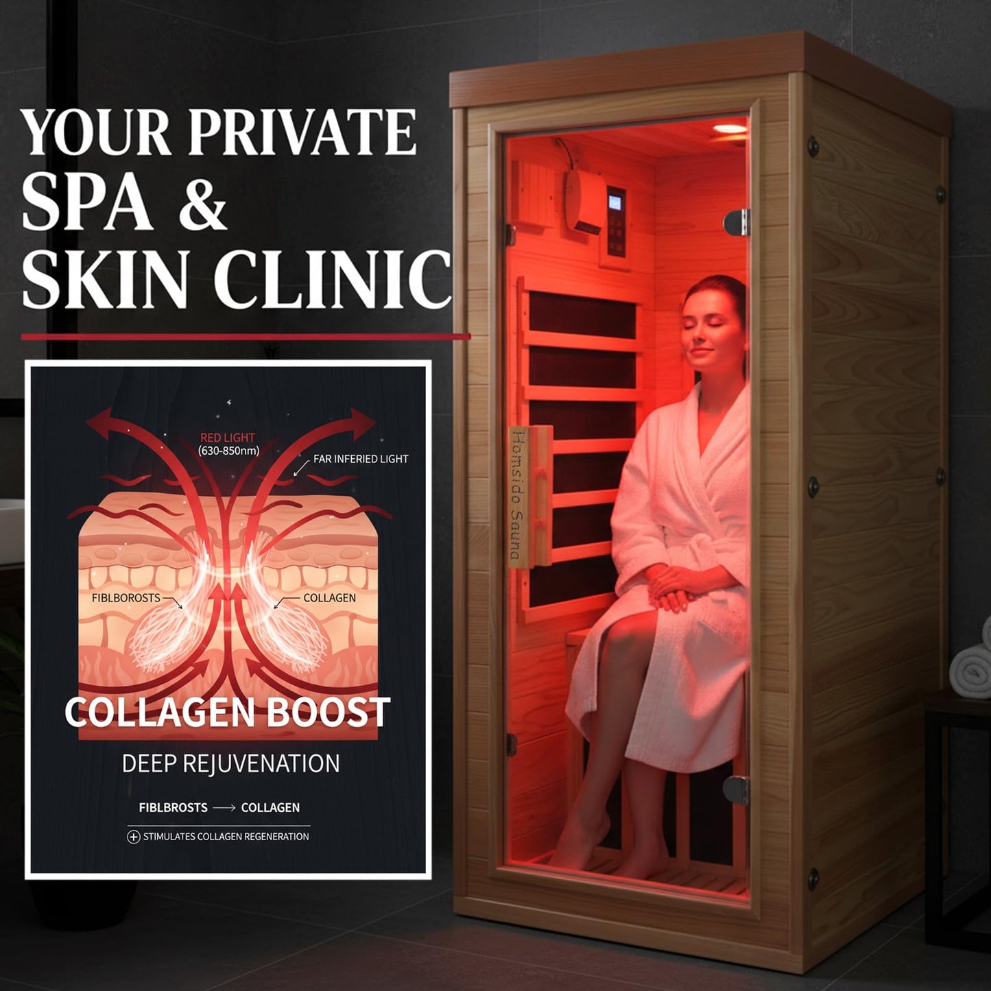 Homsido Red Light Therapy Infrared Sauna, 1300W 110V Indoor Wood Dry Sauna with Carbon Crystal Heaters, Red Light Therapy Lamp,Home Use for Post-Workout Recovery, Spa Relaxation, for Women Men