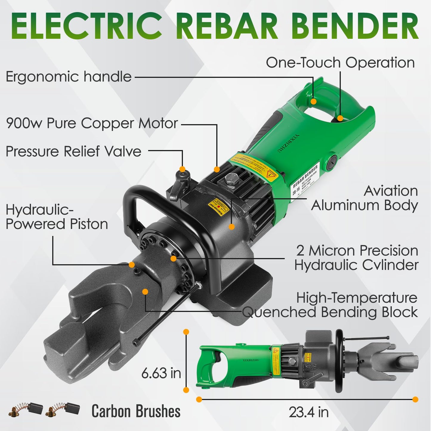 YIXBIZHU 900W Hydraulic Rebar Bender, 2s Fast Bends for #3–#5 (6–16mm), 0–130°Adjustable Angle, Aviation Aluminum Body, Compact 110V Electric Tool for Construction & Jobsite Use(ZB-16)