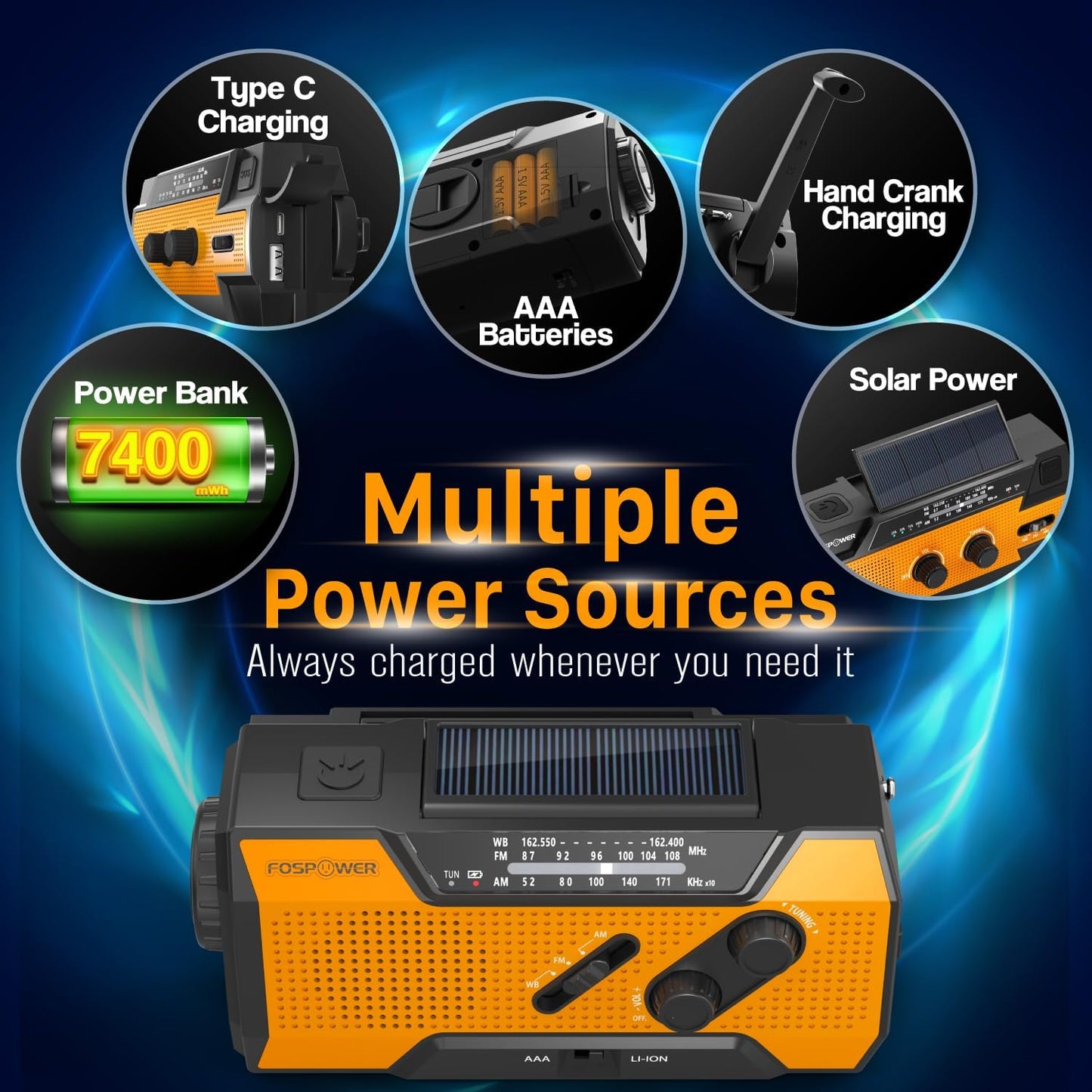 FosPower A1 7400mWh NOAA Emergency Weather Radio Portable Power Bank, AM/FM, USB/Solar/Hand Crank Charging, Battery