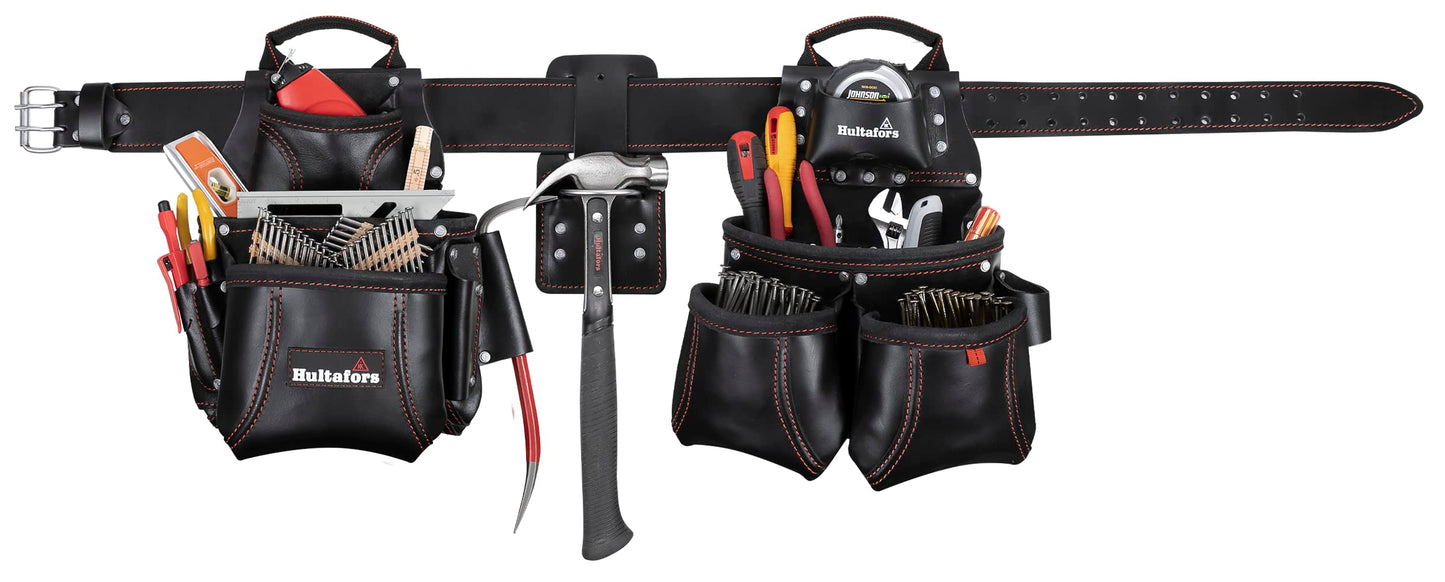 Hultafors Work Gear HT5449 4 Piece Premium Leather Pro-Framer's Combo System, Tool Belt, Double-Gusset Front Pockets, Molded Tape Holder, Leather Sleeves for Pry Bar, Combination Square, 18 Pockets