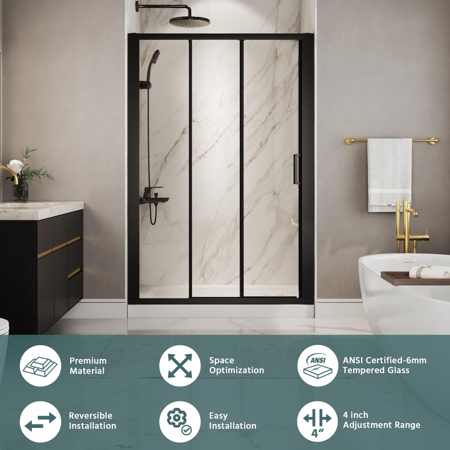 ComfyStyle 44"-48"W x70''H Tri-Fold Sliding Shower Door, Wide Walk-In Opening, Space-Saving Triple Shower Doors with Flexible Folding Glass Panels, Hidden Roller System, 6mm SGCC Tempered Glass, Black