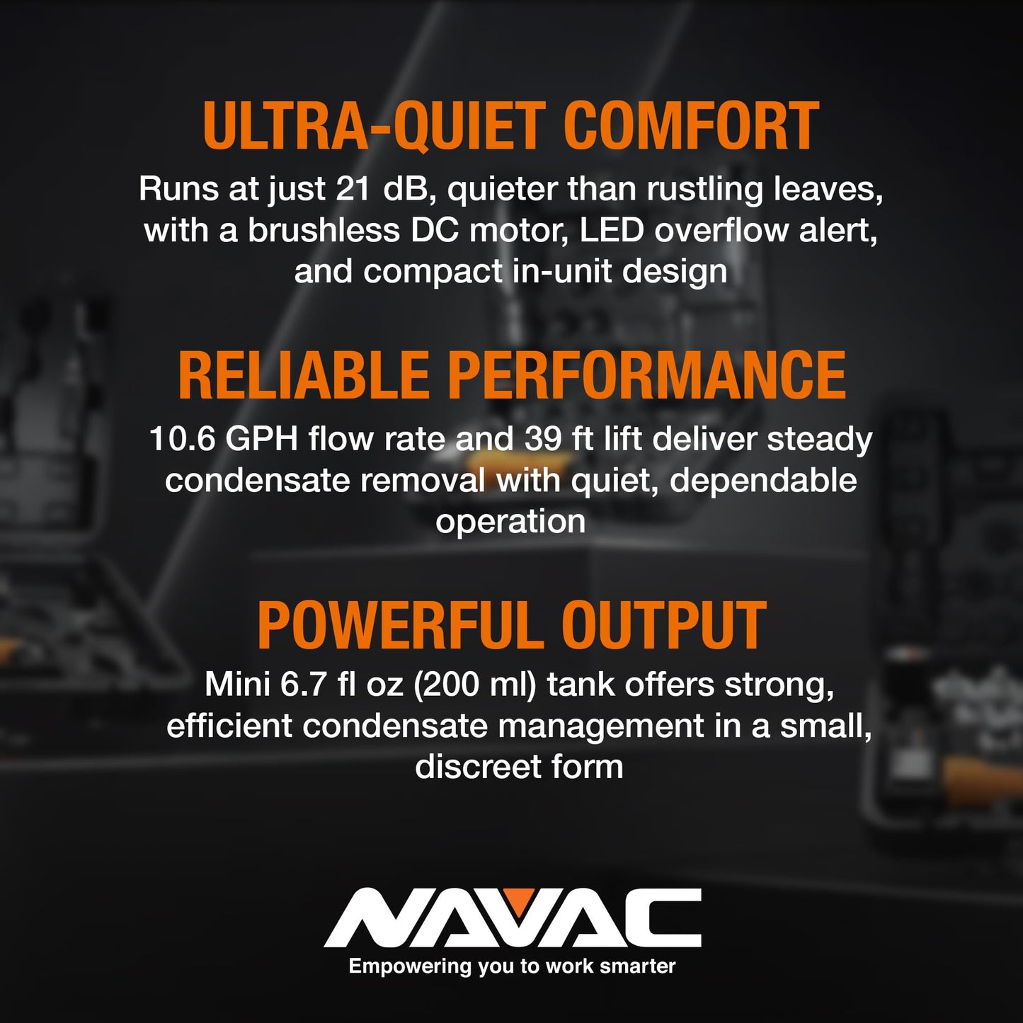 NAVAC NCB10 Mini-Split Condensate Pump - Ultra Quiet Design, HVAC Condensate Pump, Brushless DC Motor - Reliable Performance, Overflow Protection Sensor, 6.7 fl oz Tank Capacity, 10.6 GPH, 39 ft Lift
