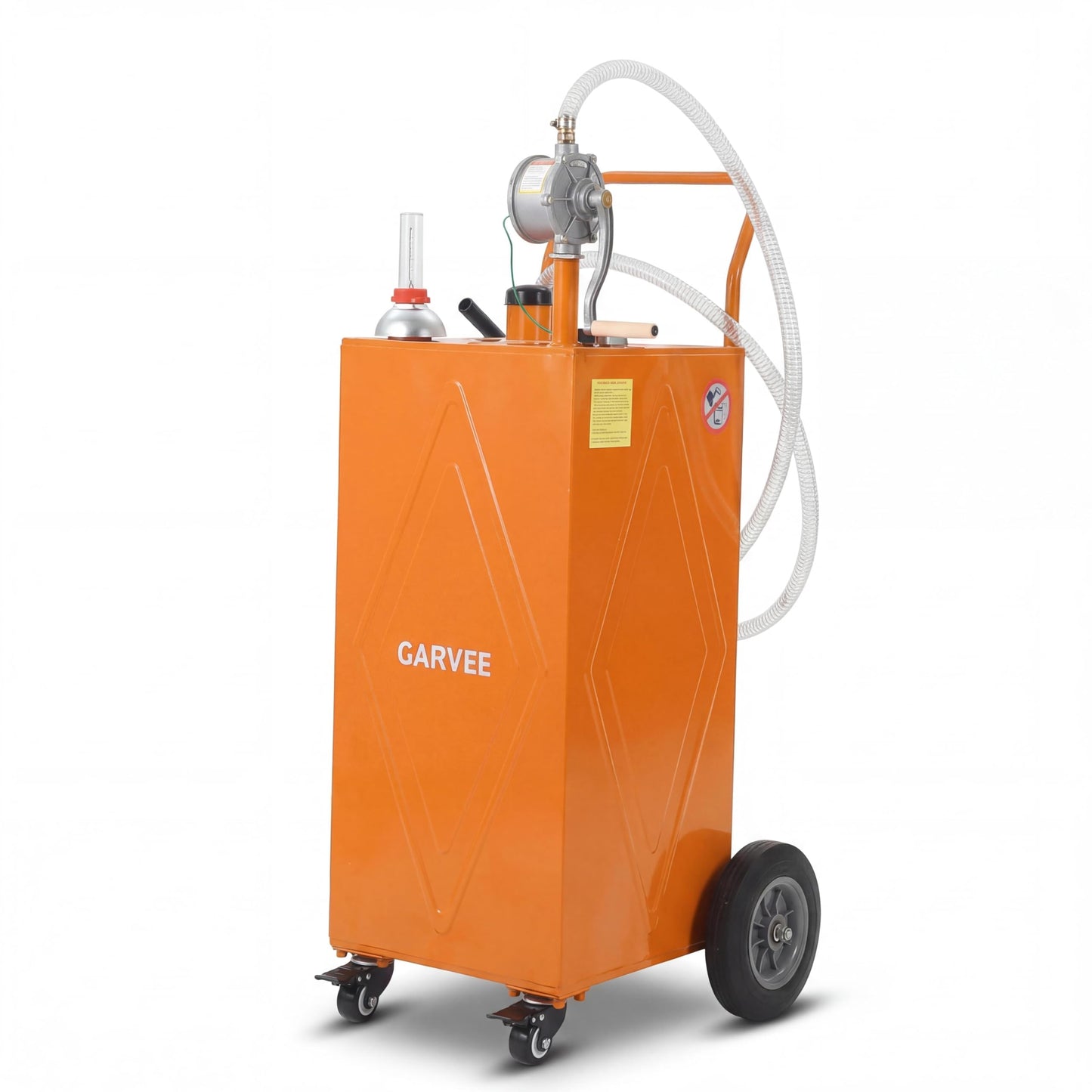 Garvee 35 Gallon Portable Fuel Caddy with Manual Rotary Pump, Heavy-Duty Steel Transfer Tank on 4 All-Terrain Wheels, Mobile Gas & Diesel Storage Container for Trucks, Boats, ATV, Lawn Mower - Orange