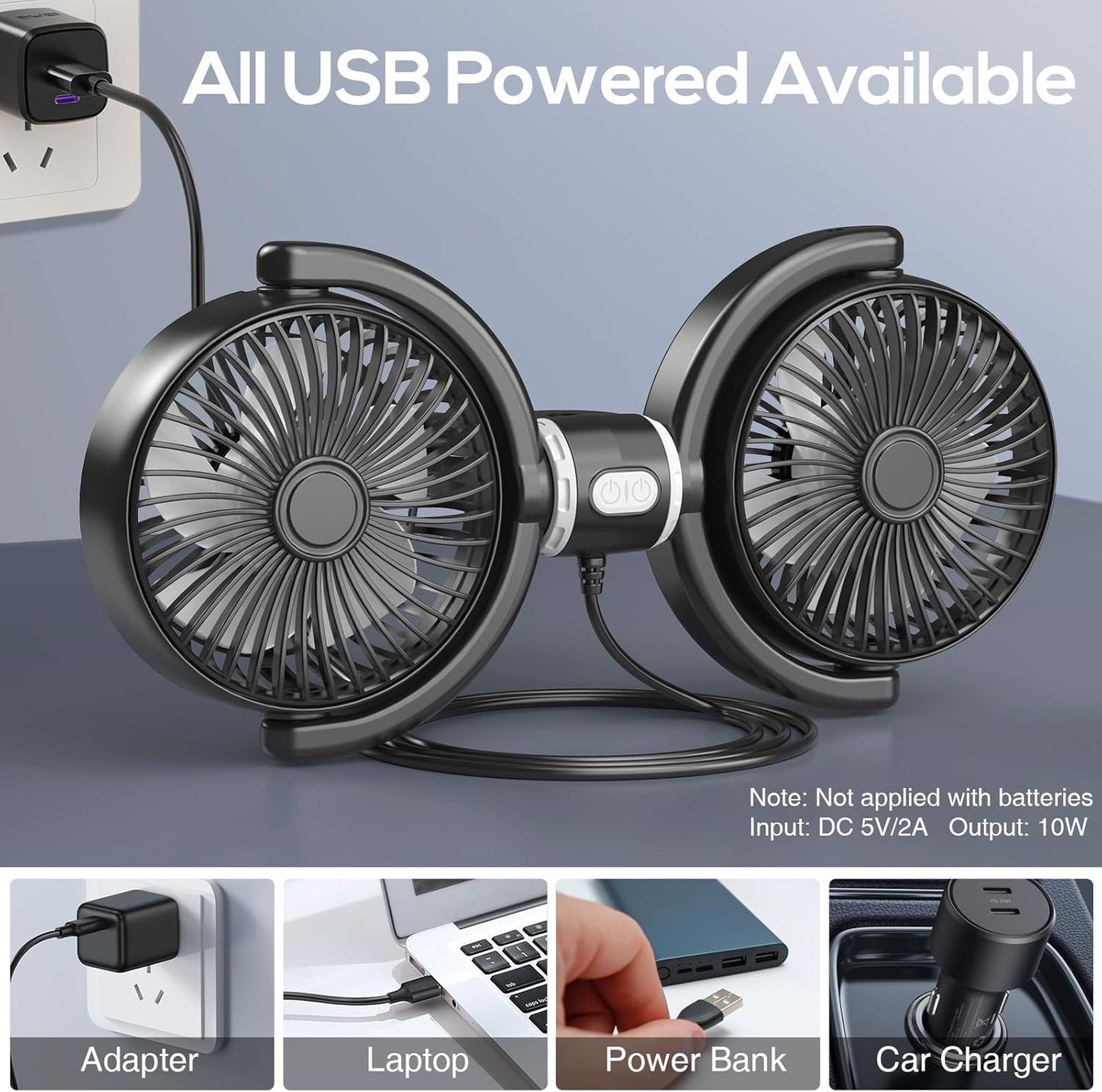 360 3-Speed Trustnice USB Car Fan for Backseat for Kids, Dual Head Car Seat Fan Independently Controlled Rotatable