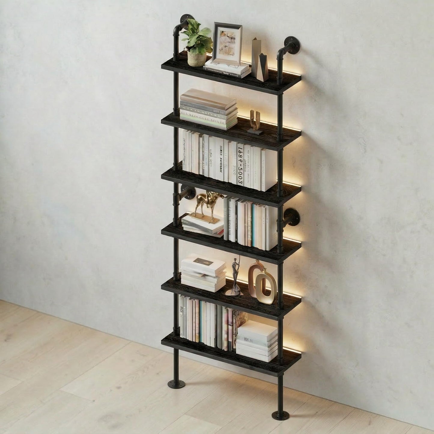Anynice 6-Tier Ladder Shelf with Warm LED Light Strip, Solid Pine Wood Wall Mounted Bookshelf in Black, 36-Inch Industrial Pipe Bookcase for Living Room, Bedroom, Home Office