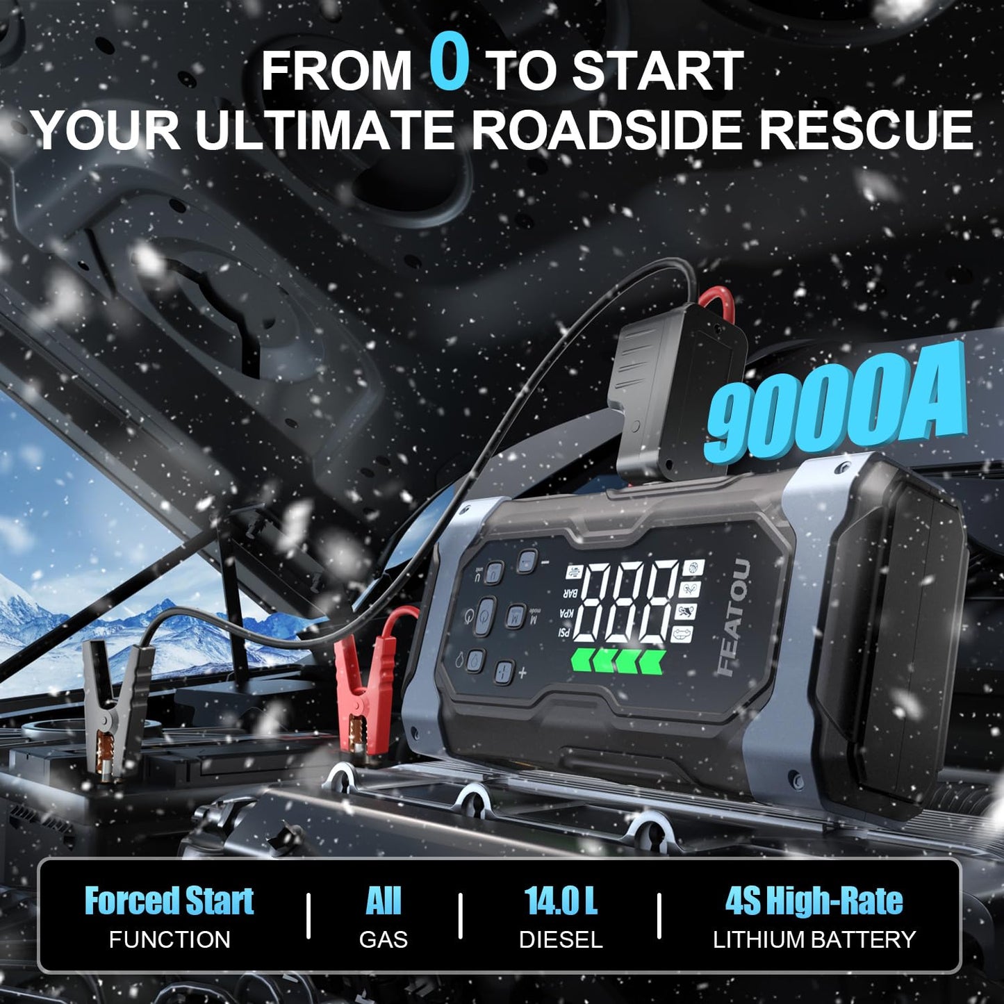 High-Power 9000A Jump Starter with Air Compressor, 12V Car Battery Jump Starter, Portable Jump Box for Car(All Gas/14L Diesel) with Tire Inflator, PD 30W Fast Charge, Forced Boost Battery Jumper