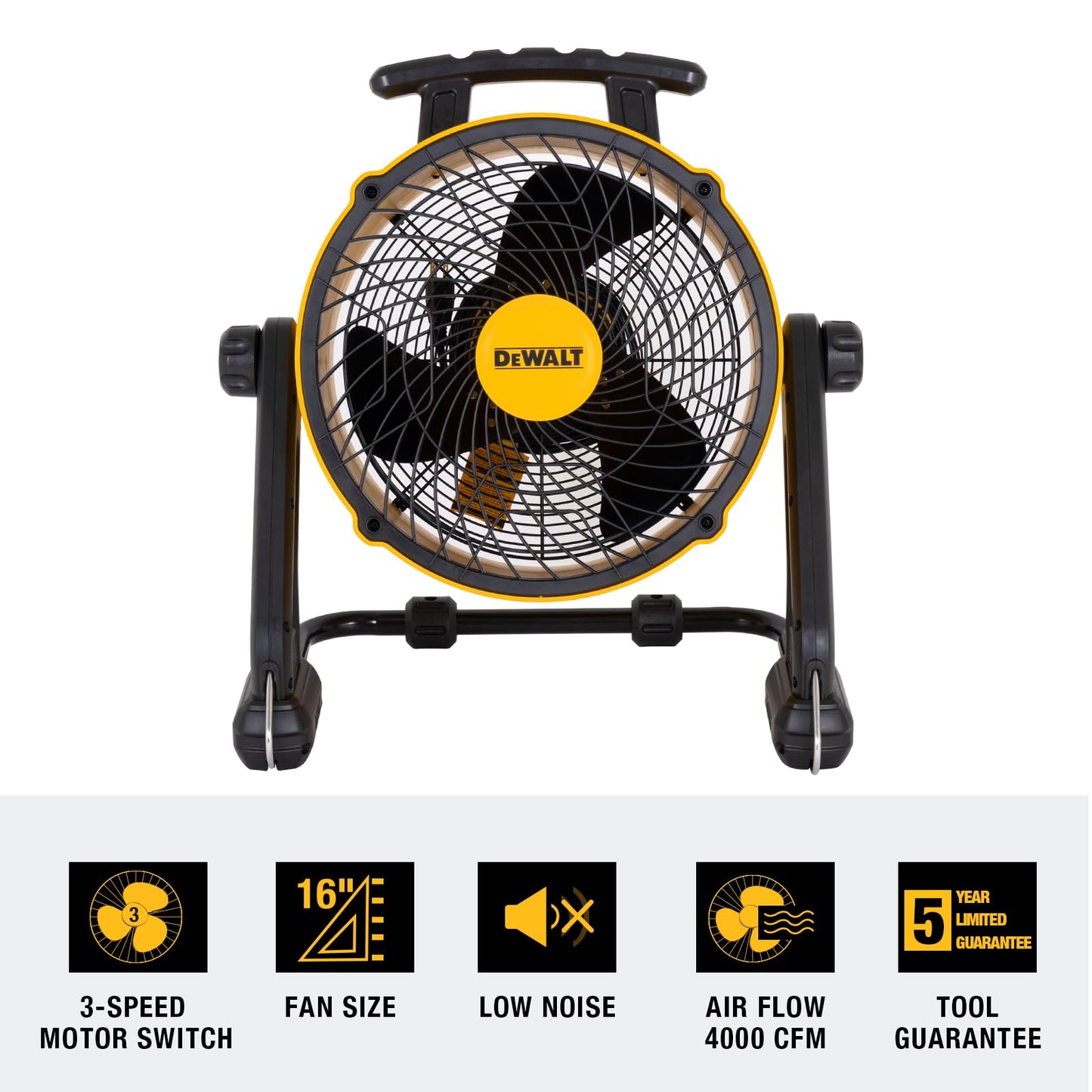 DEWALT 16 Inch Floor Fan, 360° Adjustable Tilting Airflow Fan, 3-Speed 4000 CFM Max, Hook Hangable, Wall Mount for Garage, Basement, Gym, Heavy Duty Barrel Shop Fan DXF1616