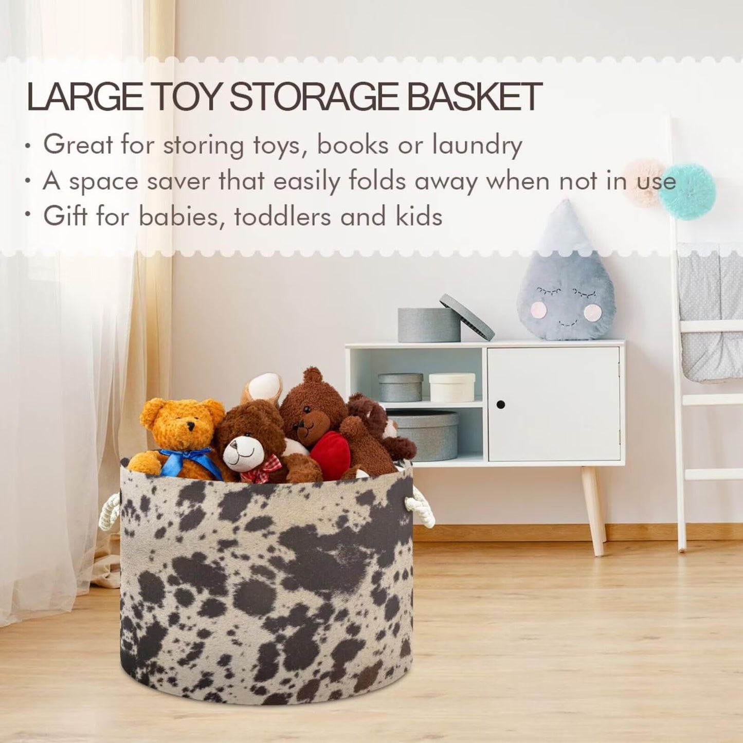 ZRCAIFUGIY Cow Brown Skin Print Round Storage Basket Cowhide Pattern Large Laundry Hamper 20 x 20 x 14 Inches Organizer Bin Blanket Storage Bag for Bedroom Bathroom Nursery Living Room Decoration