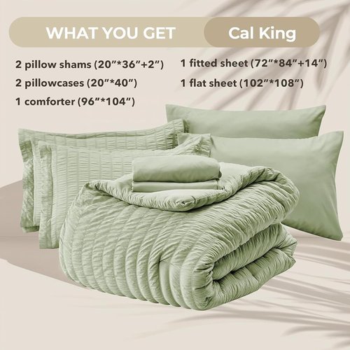 HYMOKEGE California King Comforter Set - Light Green Seersucker 7-Piece Luxury Bedding Set