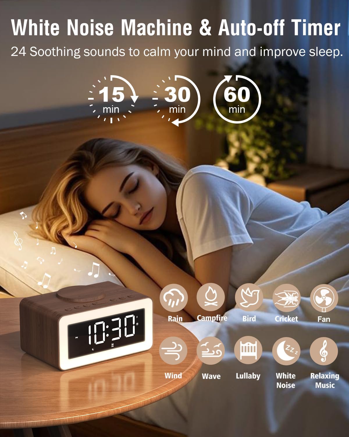 Alarm Clock with Wireless Charging, Bluetooth Speaker, White/Brown Noise Sound Machine Night Light, Wooden Digital