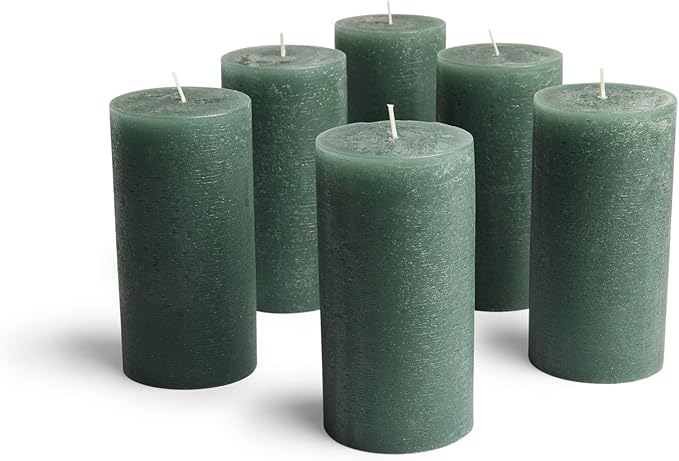Mottled Pillar Candles by Bask - Set of 6-3" x 6" Dripless Unscented Candles in Dark Green for Home Decor, Relaxation & All Occasions