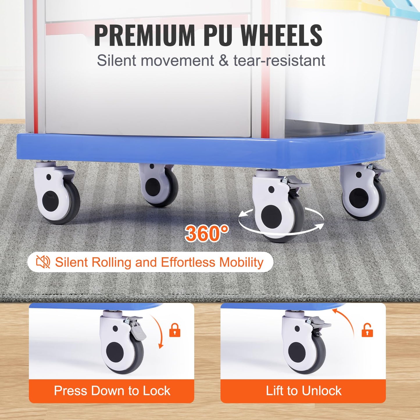 VEVOR Medical Crash Cart, Nursing Emergency Rolling Cart with 5 Drawers & 4 Silent Wheels, Adjust IV Pole, Needle Disposal Holder, Trash Bin, O2 Holder, Mobile Trolley for Hospital, Clinic, Lab, Salon