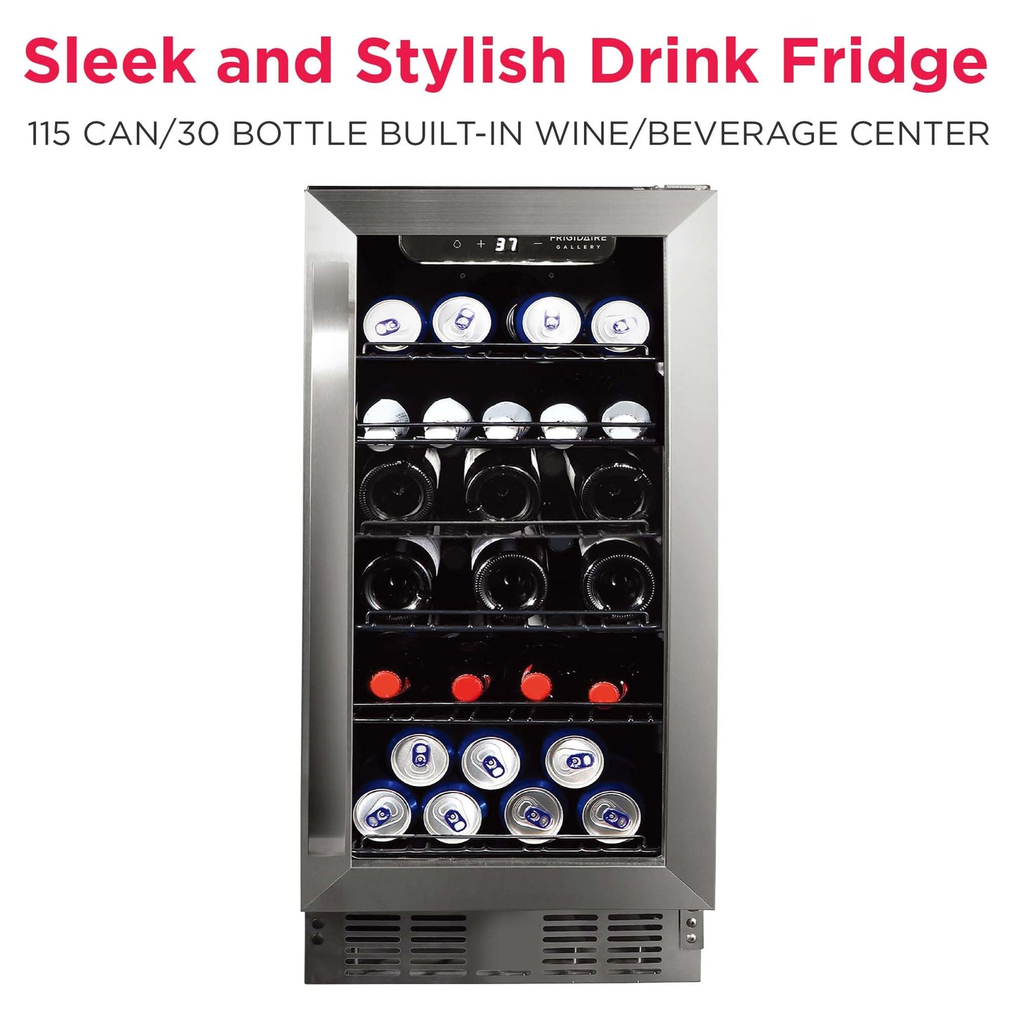 Frigidaire Gallery, 22.5" Wide Beverage Cooler, 30-Bottles Stainless Steel, with Lock, Tempered Glass Door, Frost Free, Glass Door, Stainless Steel, Built-in