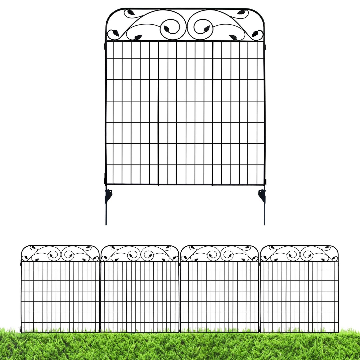 4 Pack 44" H 36" W (Linear Length 12 feet) Black Coated Heavy Duty Steel Decorative Garden Fence Panel with 8 Leaves, Heavy Duty Metal Wire Border Fencing Patio Flower Animal Barrier Section Panel