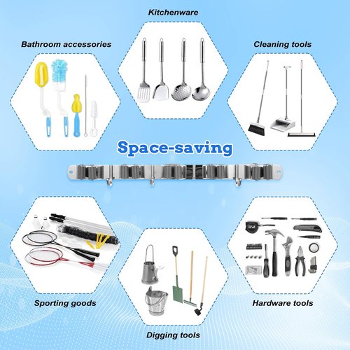 Heavy Duty Wall Mount Broom Holder by [Brand Name] - Stainless Steel Organizer with 5 Racks & 4 Hooks | Self-Adhesive or Screw Mount for Garage, Laundry, Kitchen - Silver