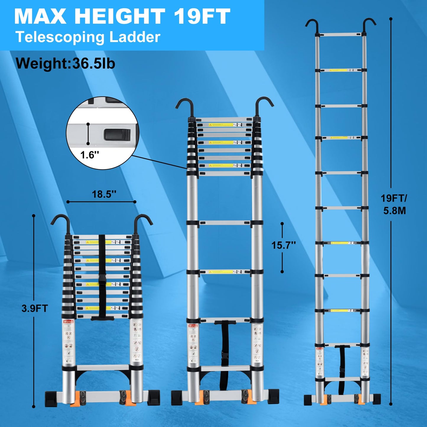 Wolec 19 FT Telescoping Ladder with Hooks, Adjustable Multi-Purpose Collapsible Extension with Stabilizers & Wheels, Heavy Duty 330 lbs Max Capacity, Ideal for Home and Outdoor Work,Silver