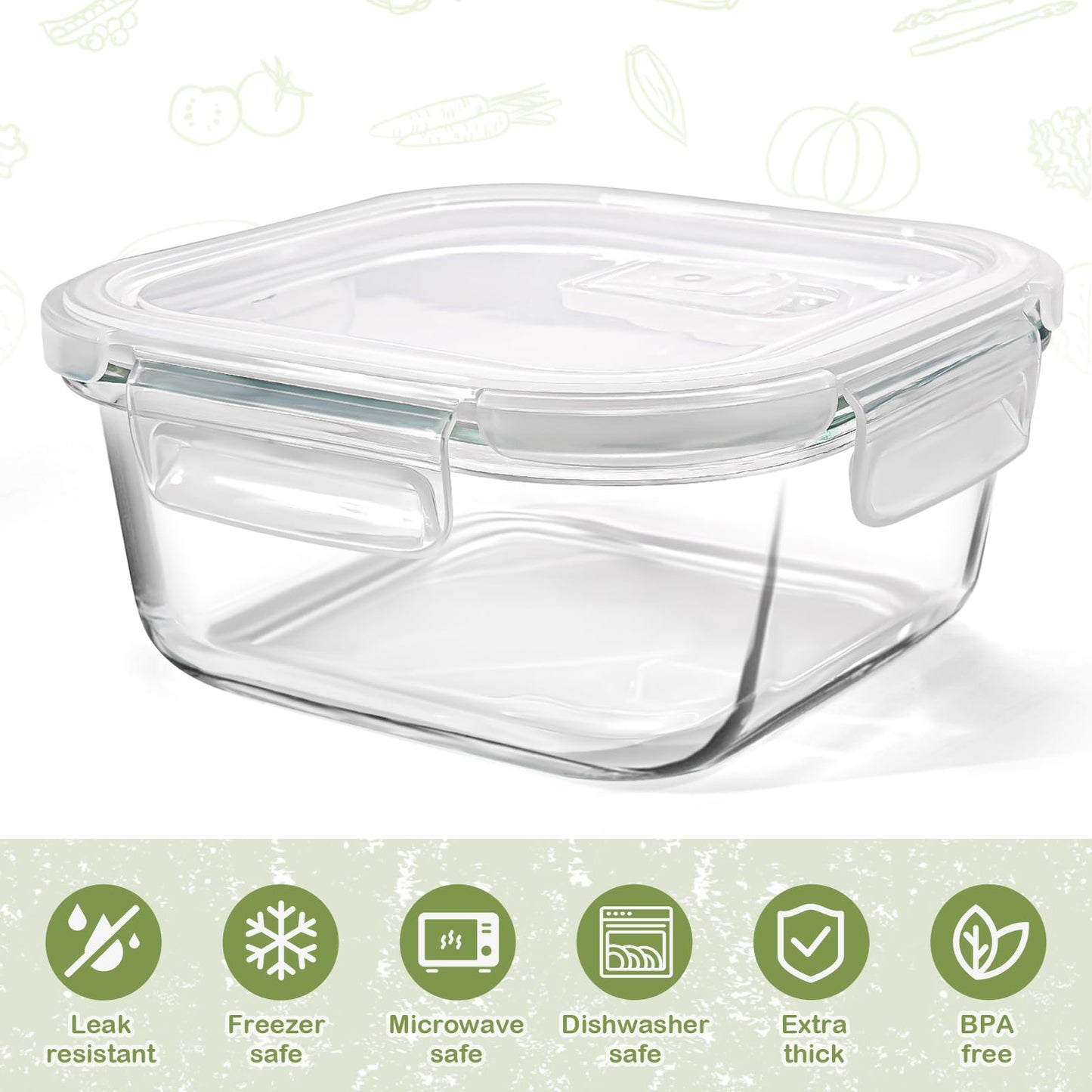 Susukkie Square Glass Containers with Lids 24oz - Borosilicate Glass Food Storage Set 3 Cup, Freezer Safe Meal Prep Containers, Sandwich Lunch Box, Yogurt Cereal Bowls with Vented Lids BPA Free 4 Pack
