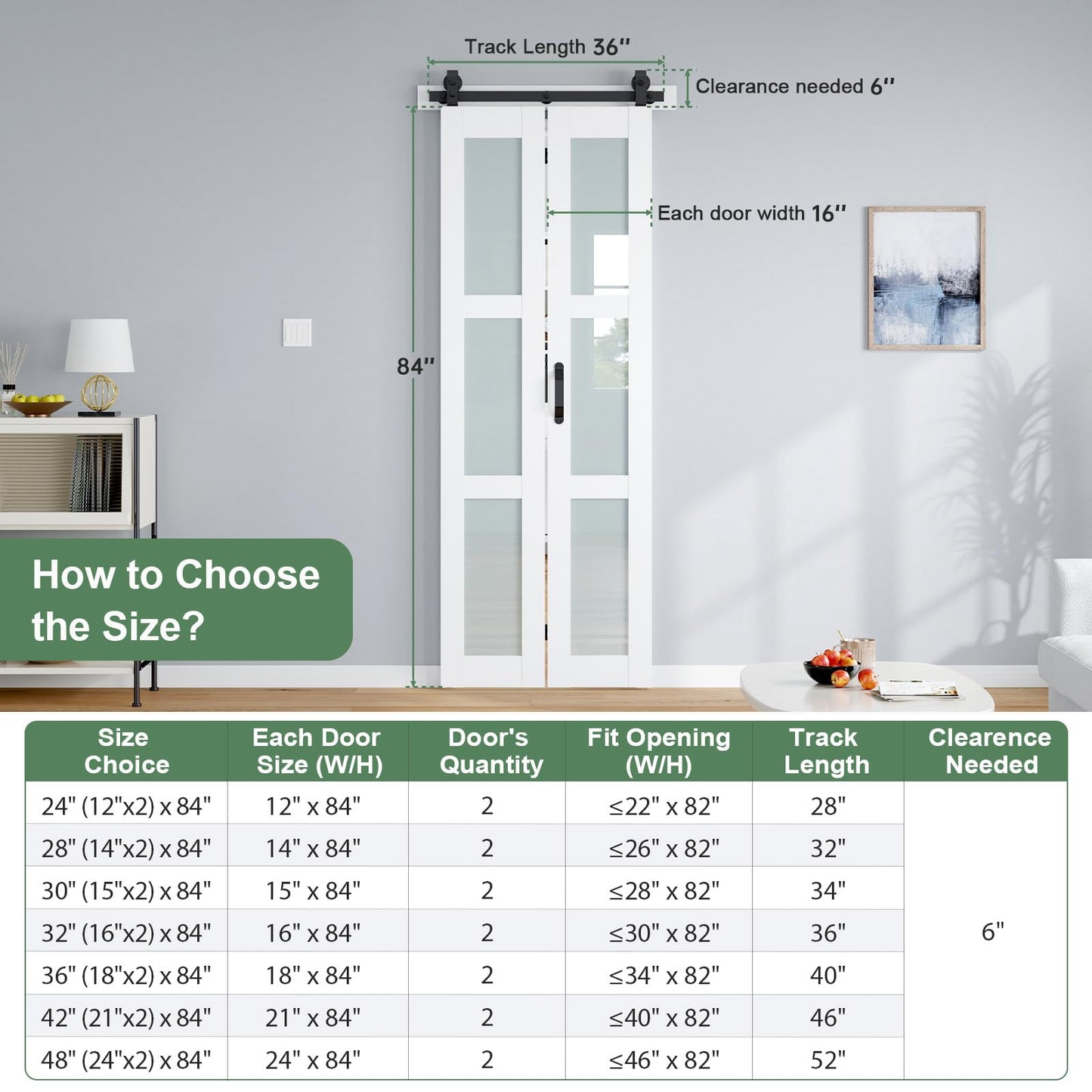 ROYMELO Bifold Barn Door 32x84 Inch (Double 16x84), White Frosted Glass Bifolding Doors with 36" Hardware Kit Included, Closet Sliding Wood Panel Slab, Save Space, Simple DIY Assembly
