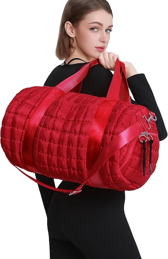 Quilted Duffel Gym Bag for Men and Women Carry On Travel Sport Weekender Bag, Red