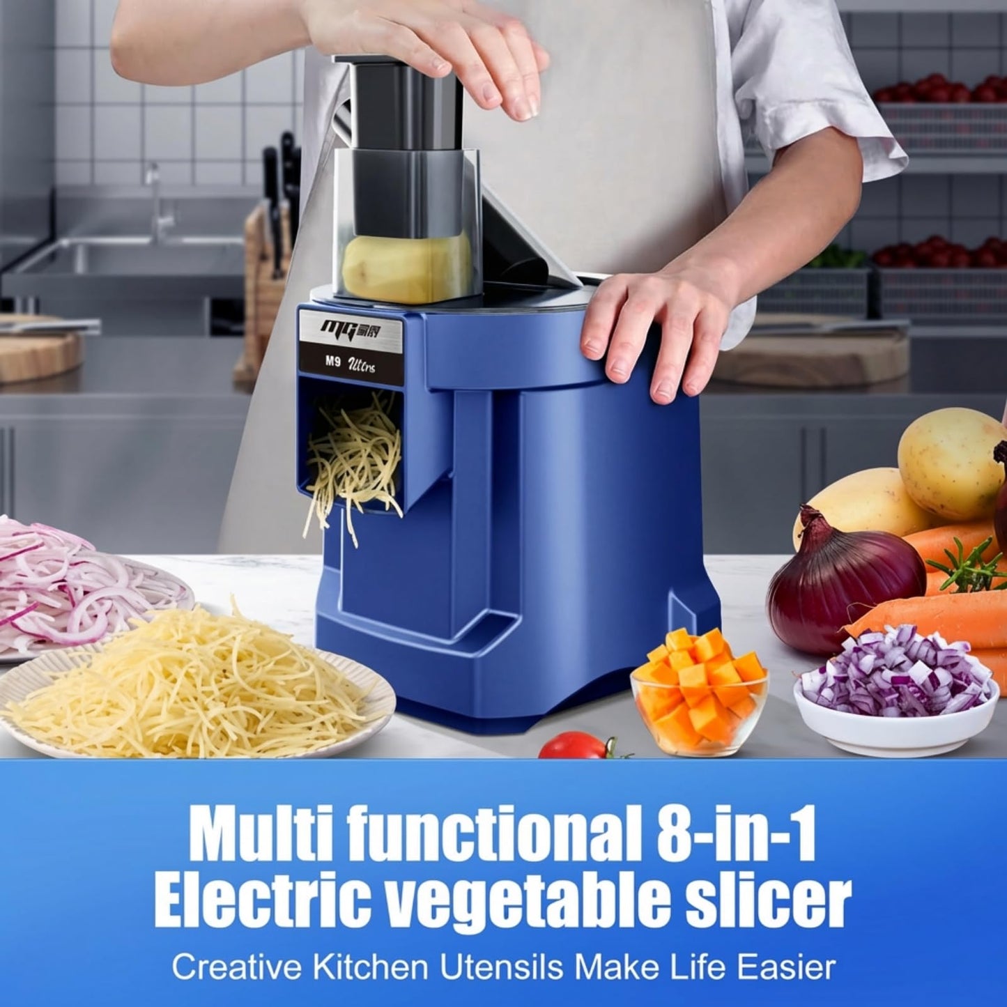 MOGAN 8-In-1 Electric Vegetable Cutter, Commercial Vegetable Slicer Fruit Slicer Machine, Veggie Food Processor Dicer Chopper Stainless Steel Blades for Slicing Shredder Dicing for Home and Kitchen