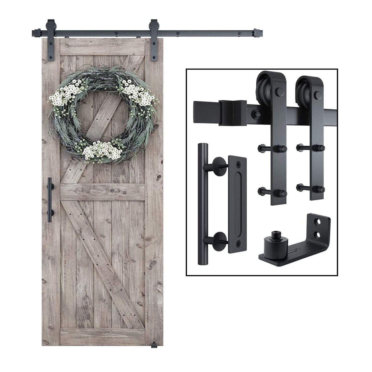 SMARTSTANDARD 5FT Sliding Barn Door Hardware Whole Kit (Include 5ft Track Kit & Pull Handle Set & Floor Guide), Smoothly and Quietly, Easy to Install, Fit 30" Wide Door Panel (J Shape)