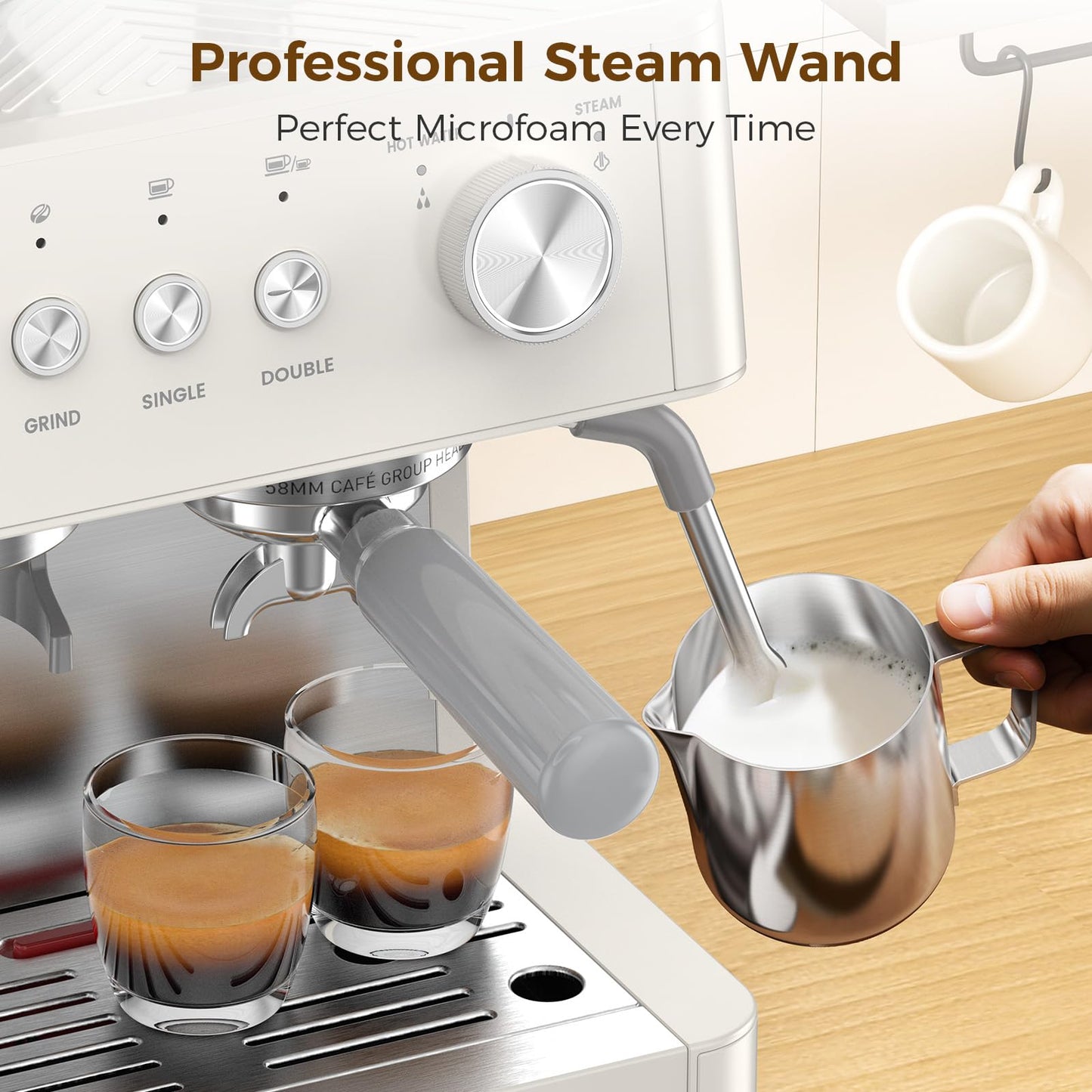 COWSAR 15-Bar Expresso Coffee Machines, Commercial Espresso Machine with Grinder, Milk Frother/Steam Wand & Tamping Tools for Cappuccino & Latte - White