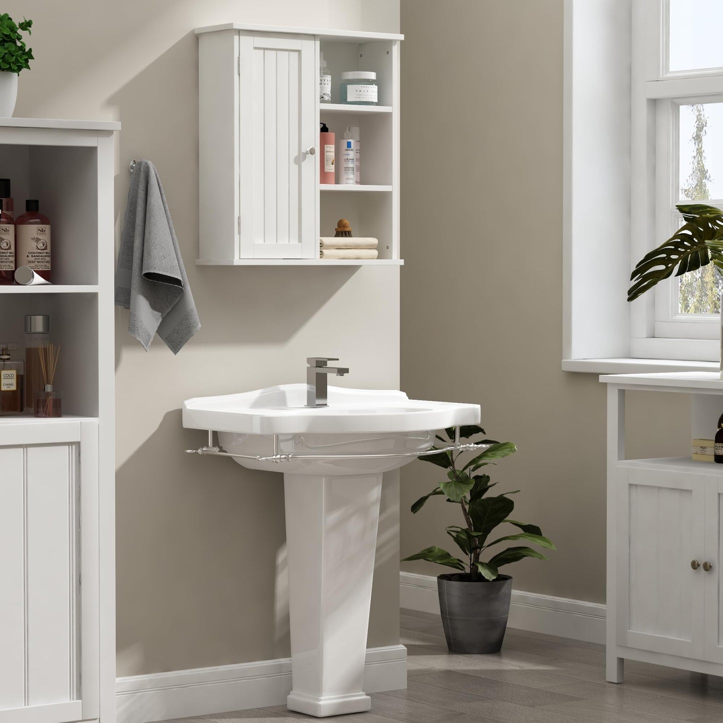 Treocho Bathroom Wall Cabinet, Medicine Cabinet with Door and 3 Open Shelves, Wall Mounted Storage Organizer for Bathroom, Kitchen, Living Room, White