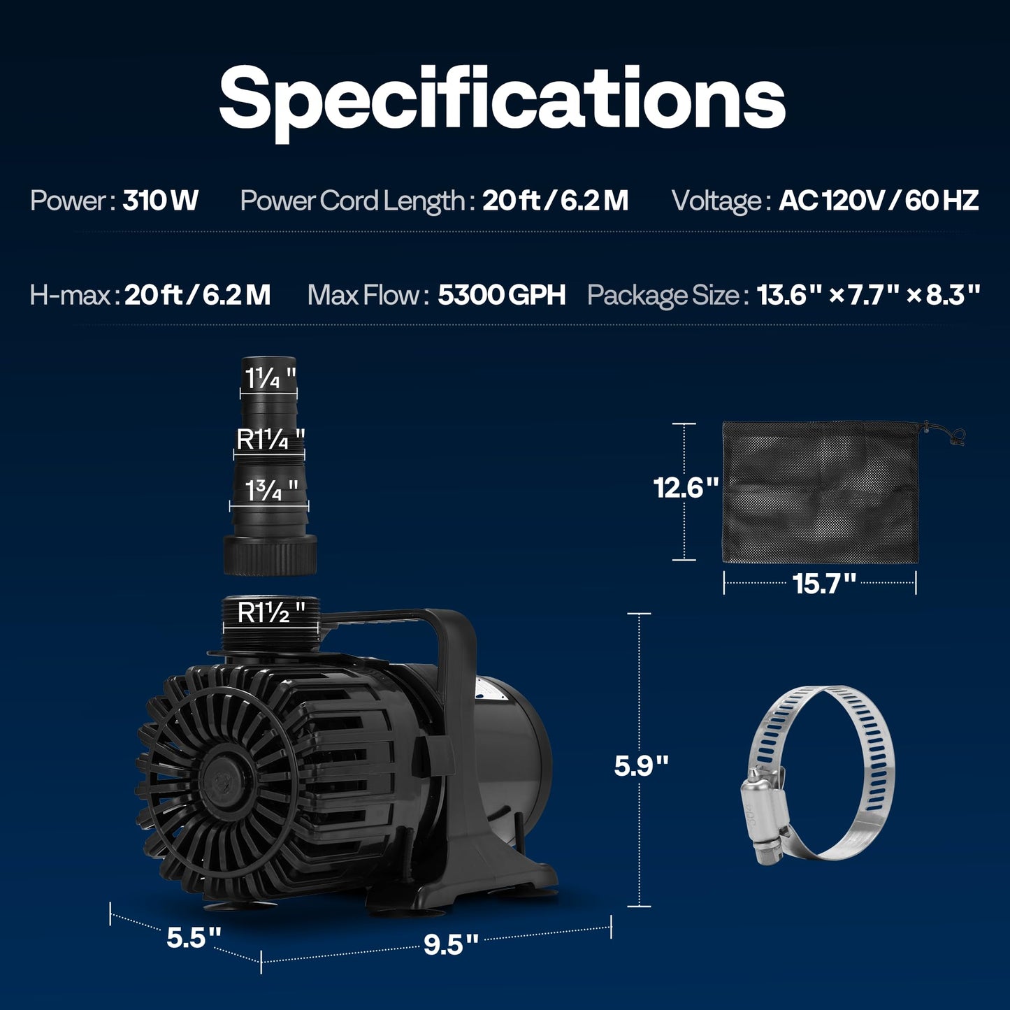 VIVOHOME 310W 5300GPH Submersible Water Pump with 180° Adjustable Water Outlet, 20ft High Lift for Waterfall Fountains Fish Tank Pond