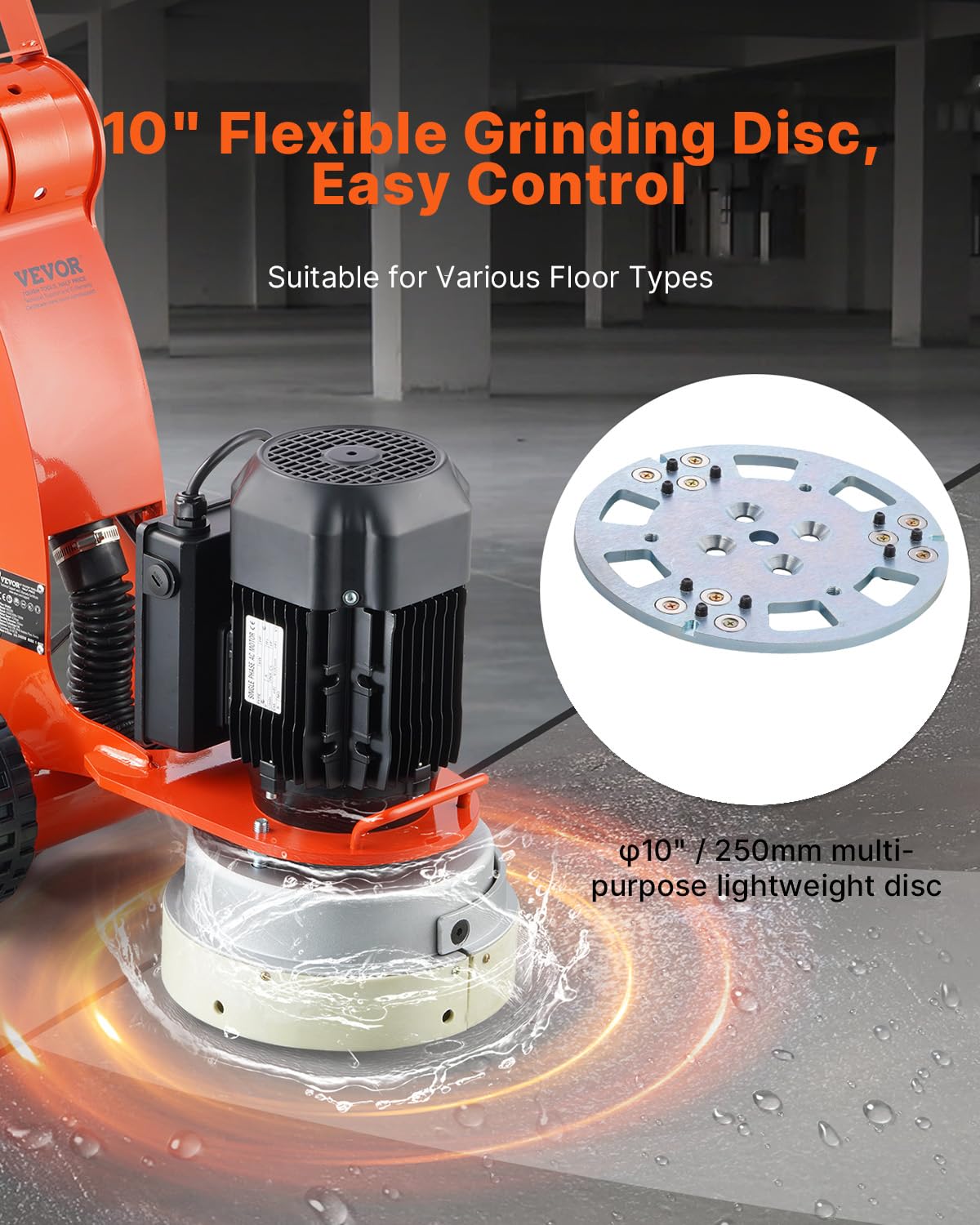 VEVOR 10-Inch Electric Concrete Floor Grinder, 1.7HP Walk-Behind Polisher, 1300W, 1720RPM Brushless Motor