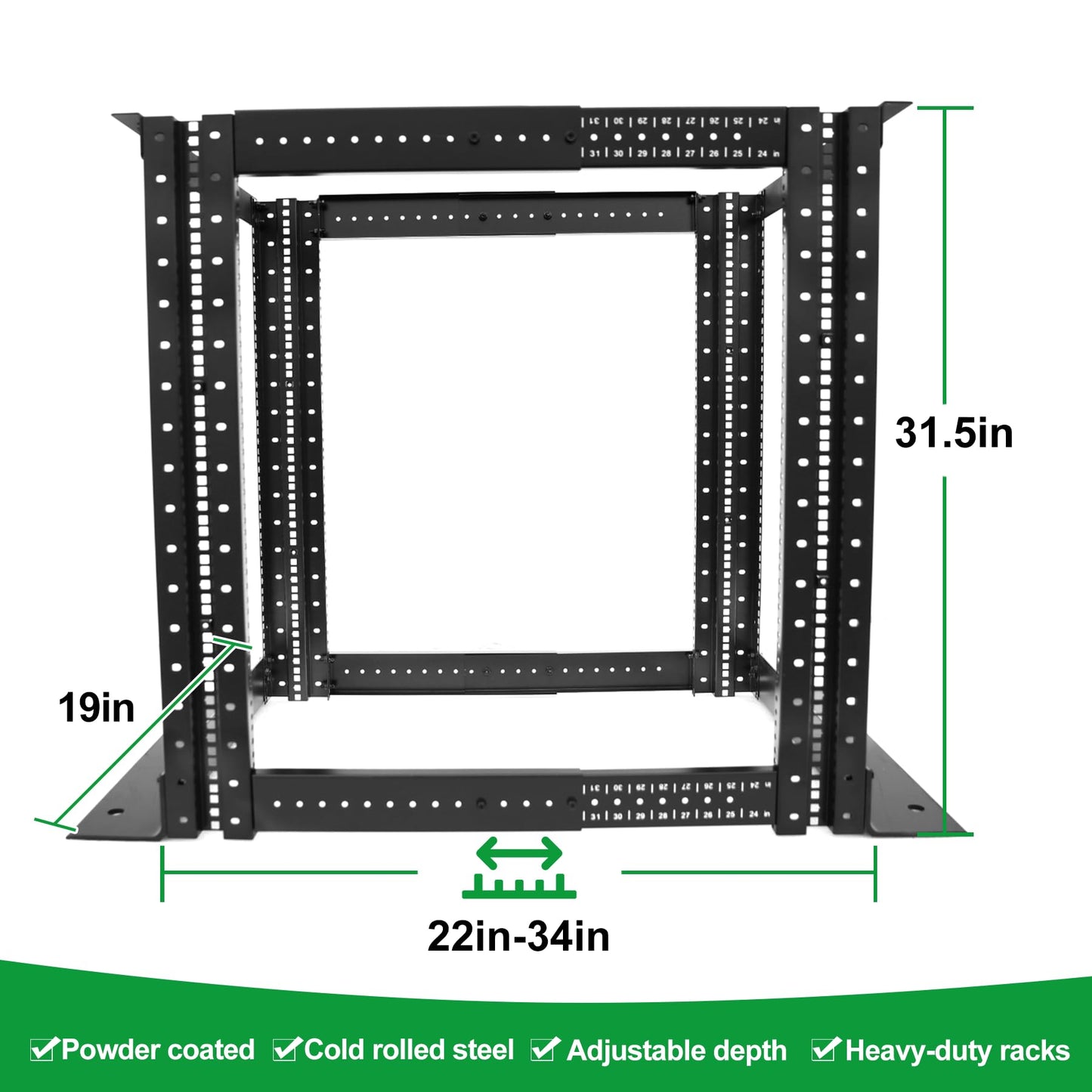 4-Post 15U Open Frame Server Rack for 19" IT Network Equipment & A/V Devices，22"-35" Adjustable Depth，Heavy Duty Free Standing Rack for Servers & AV Gear